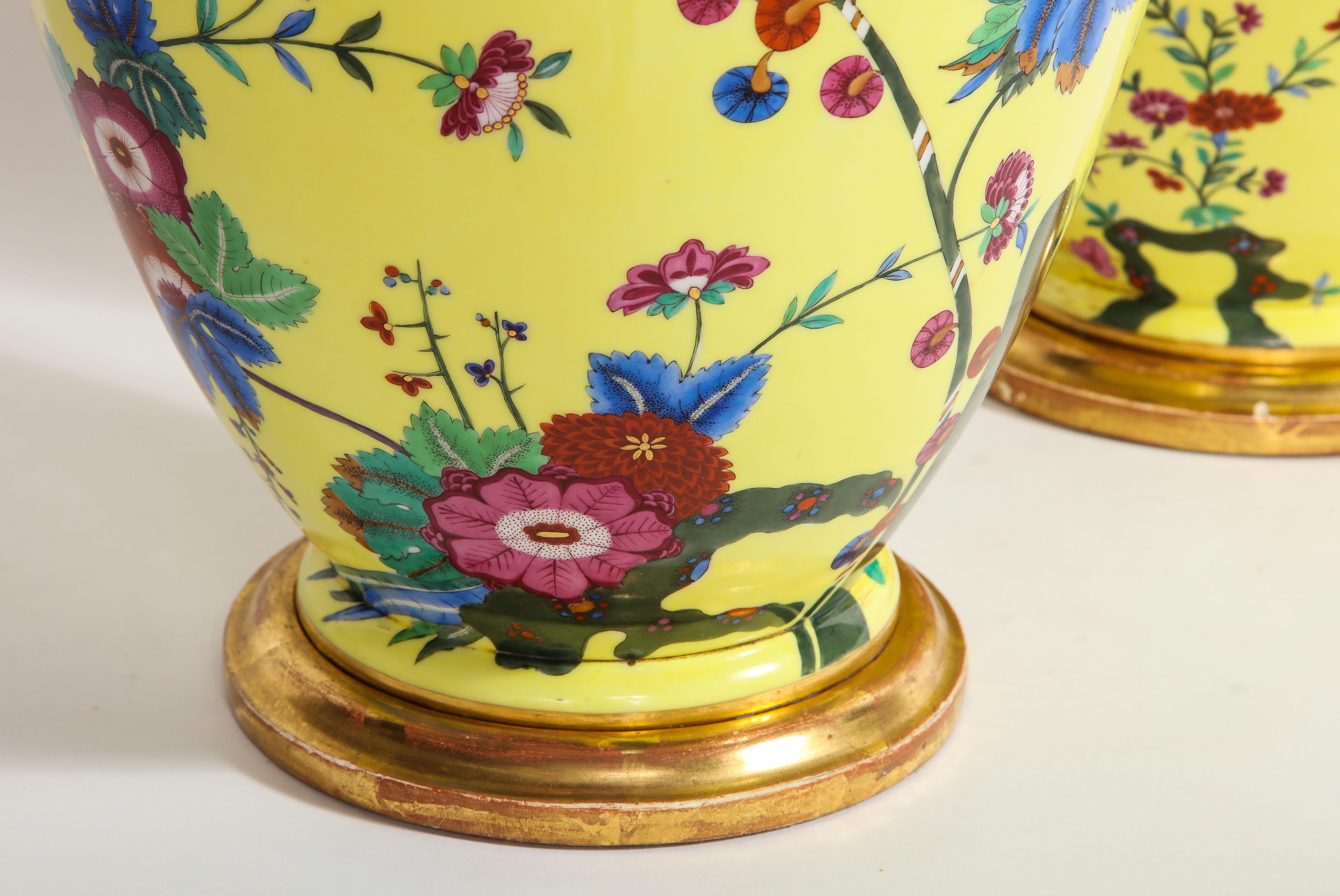 Late 19th Century Pair of Yellow Ground German Porcelain Vases with Flower and Bird Decoration For Sale