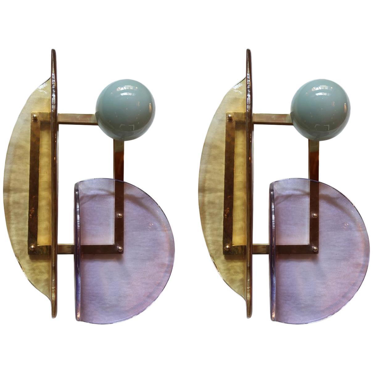 Pair of Yellow, Purple 
Gray Opaline Murano Glass Modern Sconces, Italy 2010