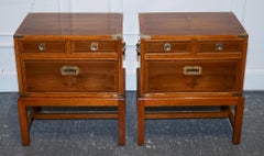 A PAIR OF YEW WOOD & BRASS ENGLISH MILITARY CAMPAIGN END CABiNETS NIGHTSTANDS