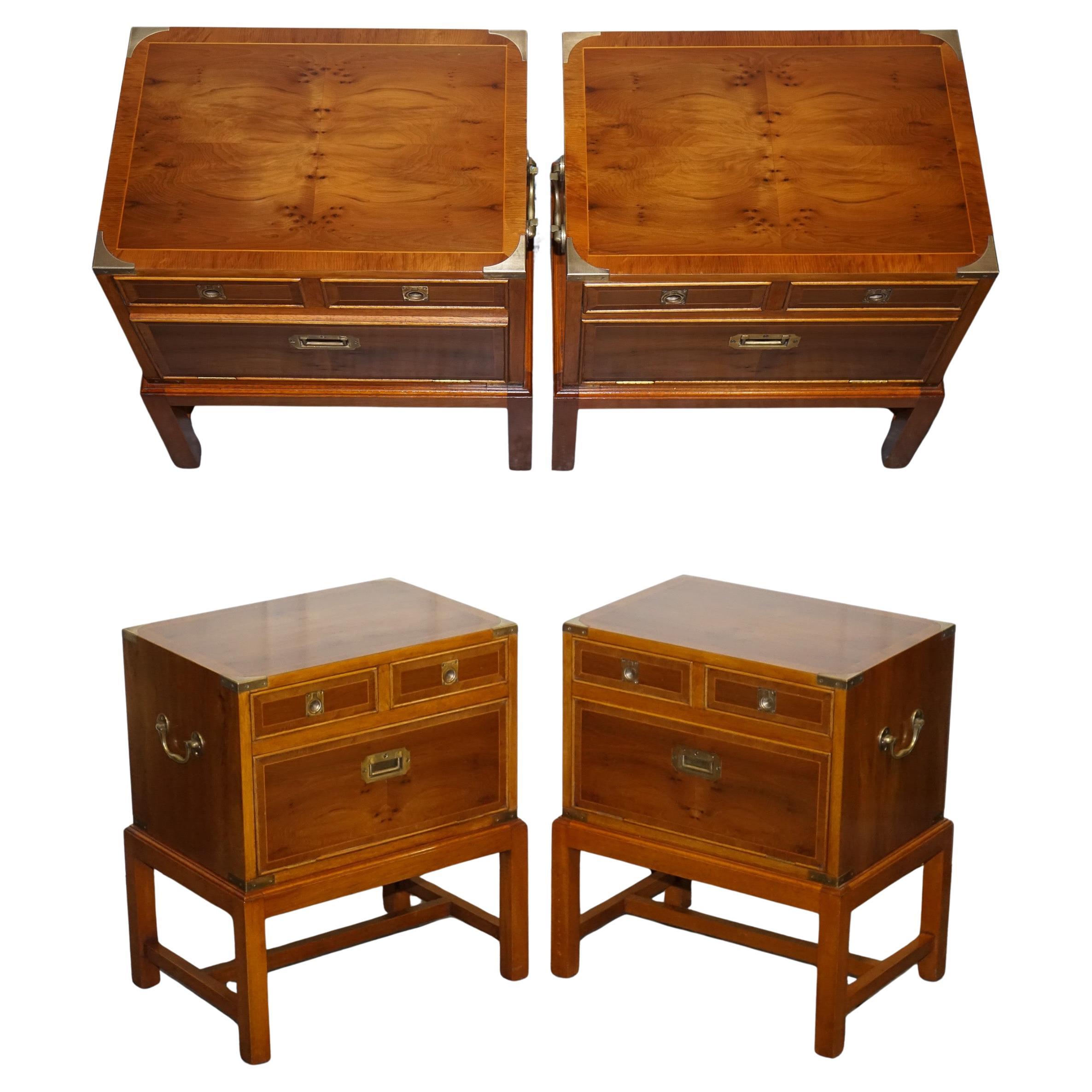 A PAIR OF YEW WOOD 
BRASS ENGLISH MILITARY CAMPAIGN END CABiNETS NIGHTSTANDS For Sale