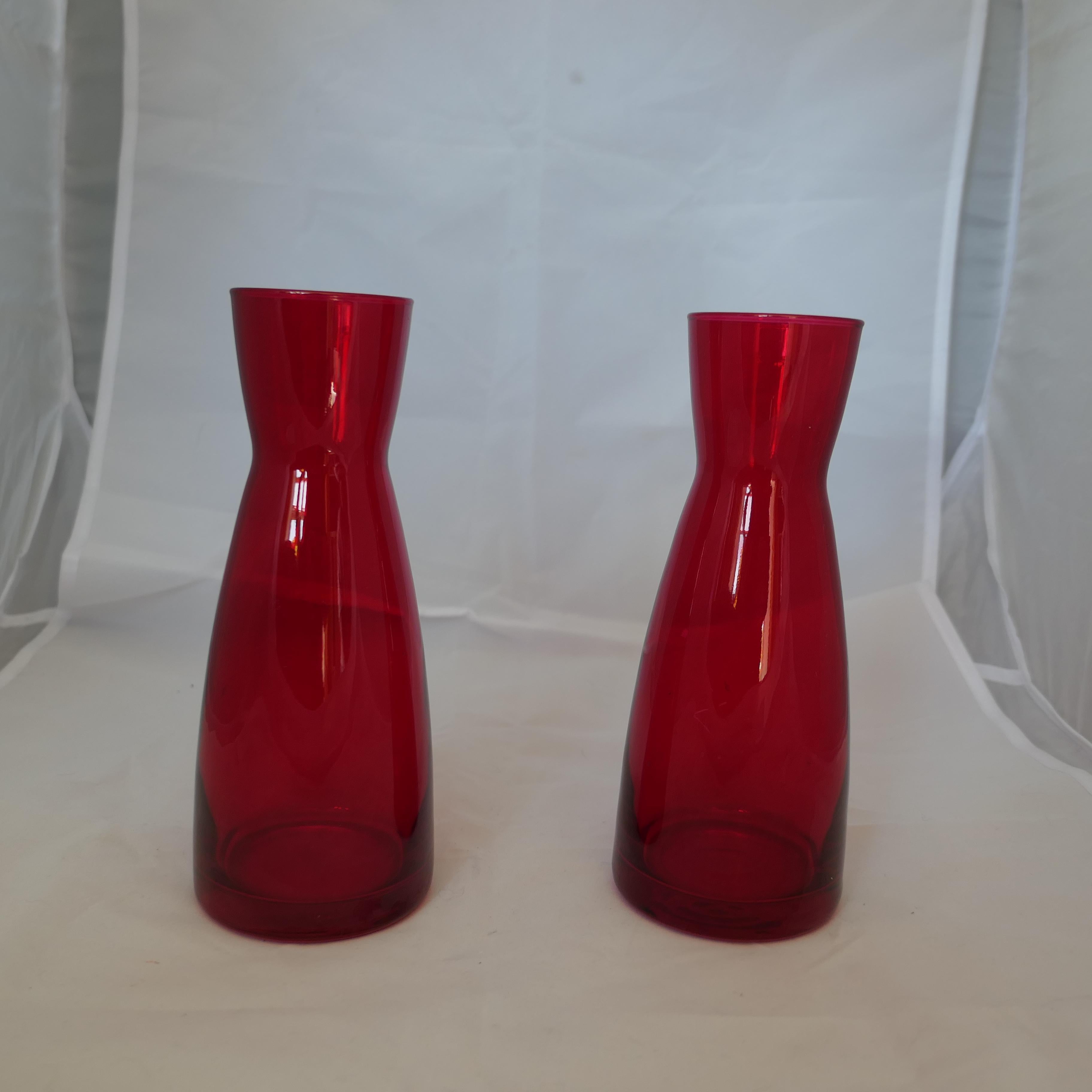 Art Glass A Pair of Ypsilon Red Glass Carafes by Bormioli Rocco     For Sale