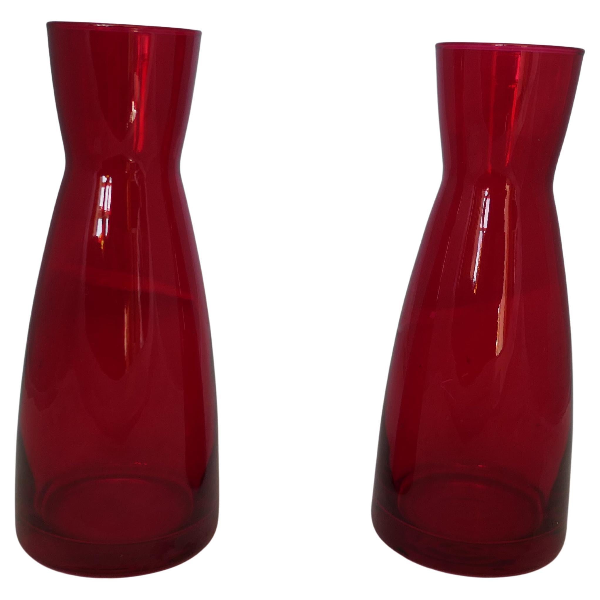 A Pair of Ypsilon Red Glass Carafes by Bormioli Rocco     For Sale