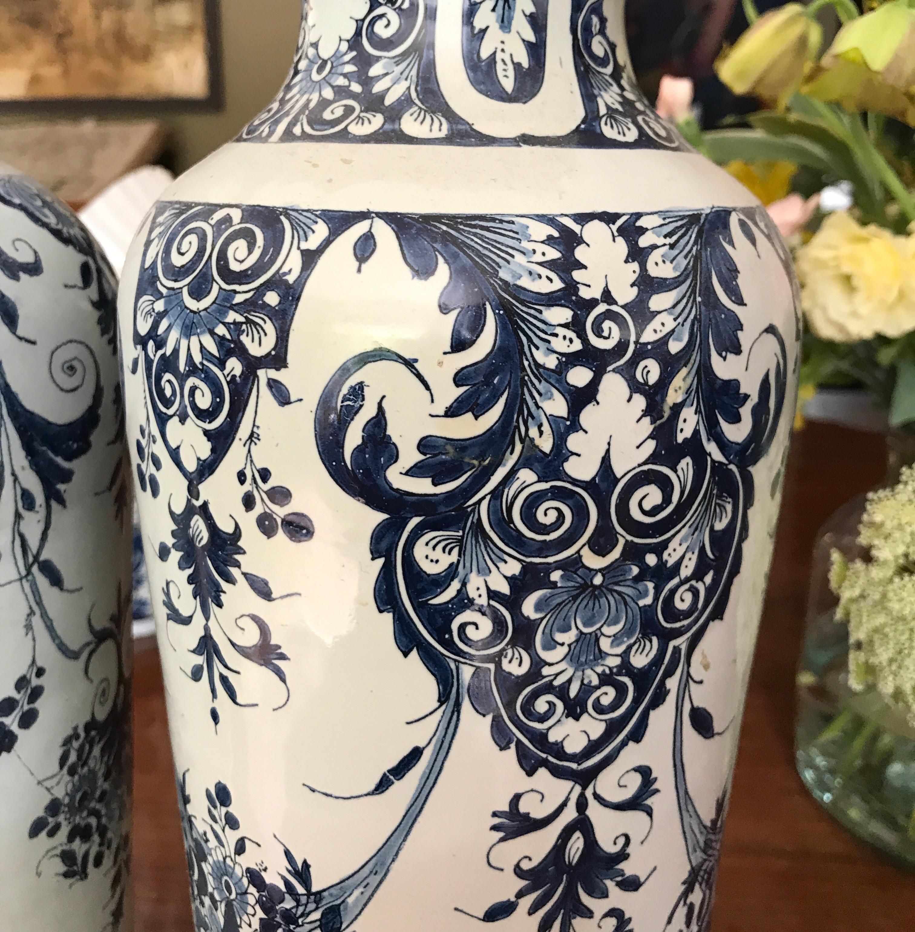 Hand-Crafted Pair off Delft Vases, Late 18th Century For Sale