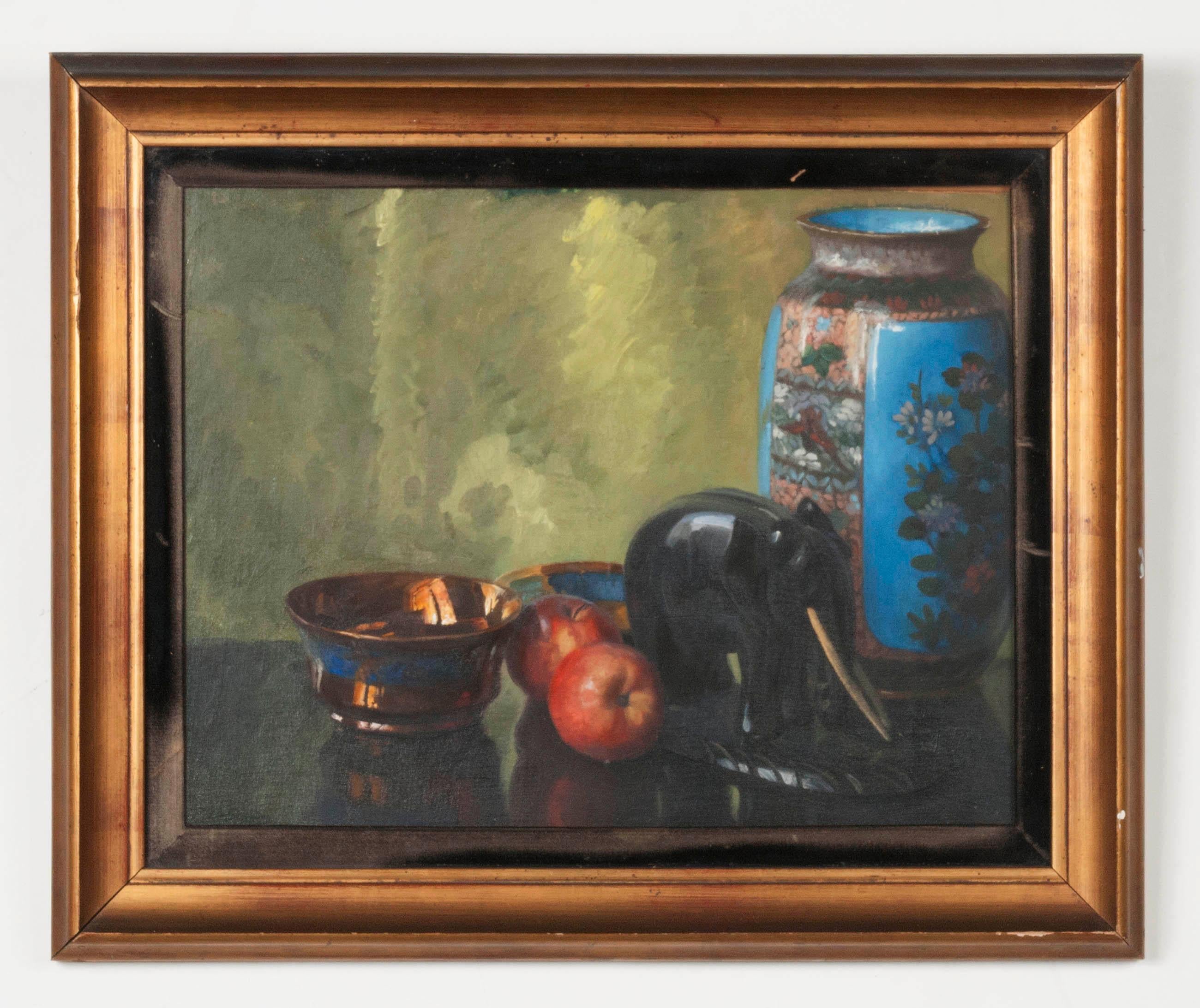 Atmospheric paintings, oil on board, made by Eddy (Edmond) Passauro.
The works were made clear by a skilled painter, for example, pay attention to the reflection of the vases and the way in which the silver bowl was painted. The composition has