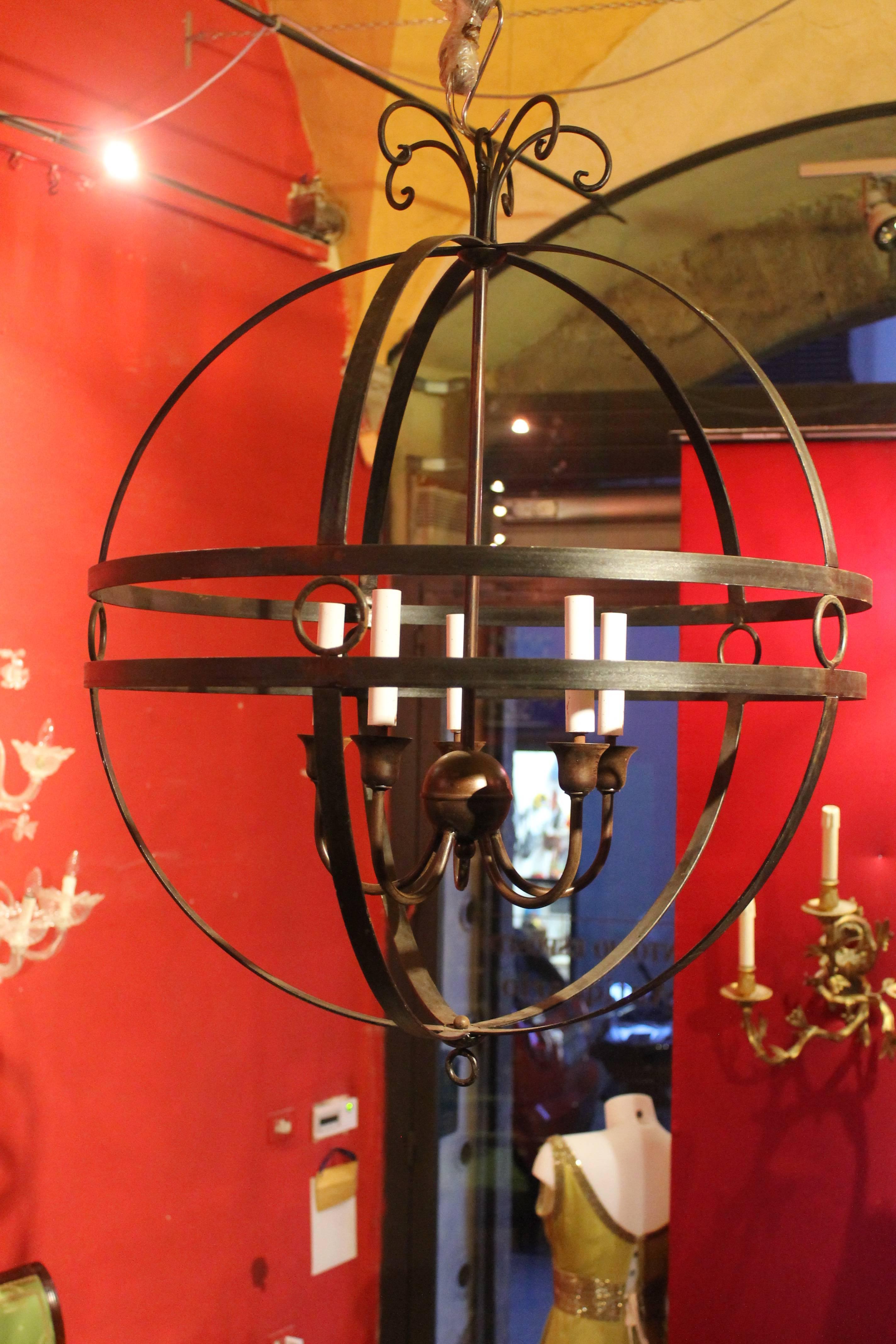Pair of Italian 20th Century Hand-Wrought Iron Sphere Five Lights Chandelier 6