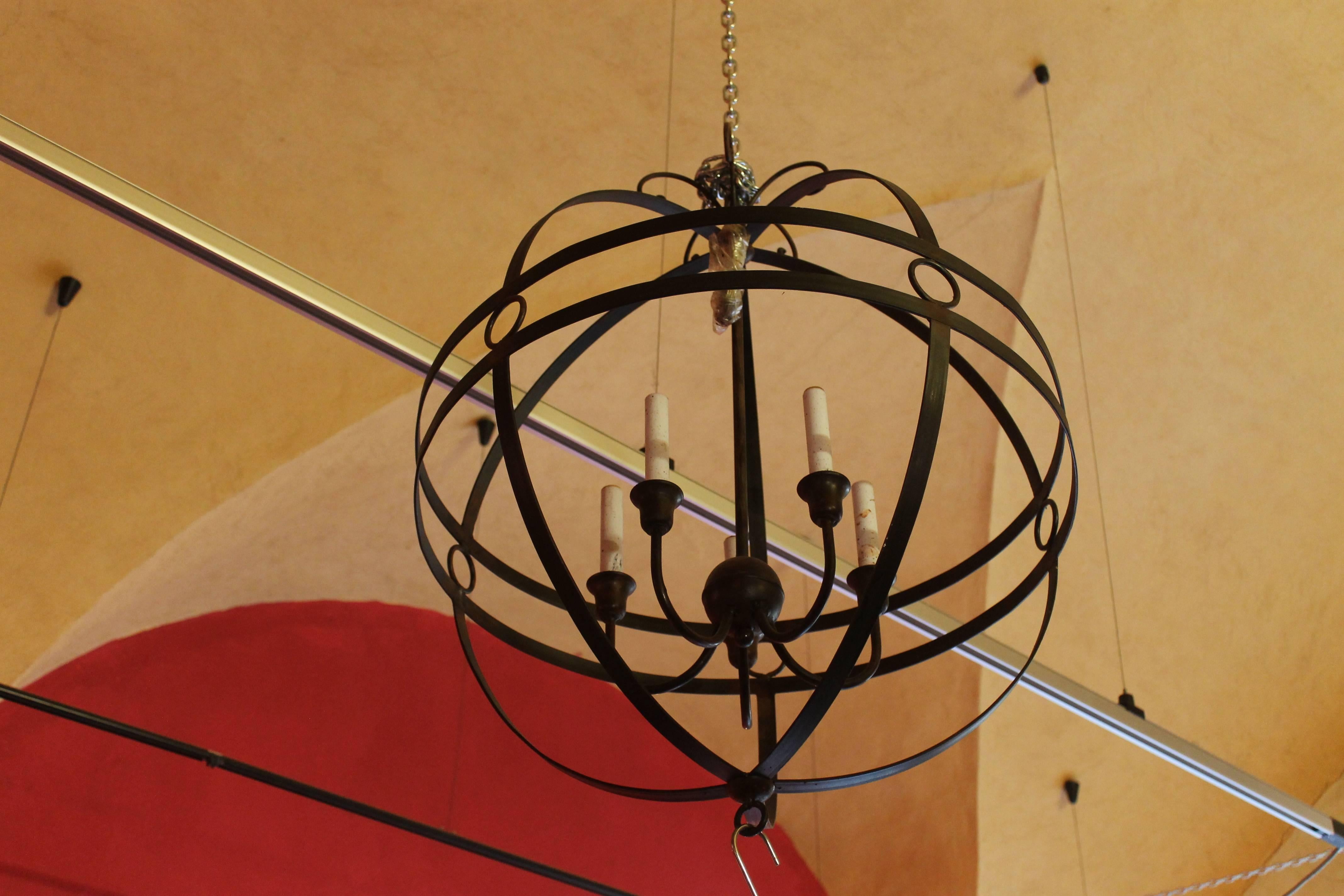 Mid-Century Modern Pair of Italian 20th Century Hand-Wrought Iron Sphere Five Lights Chandelier