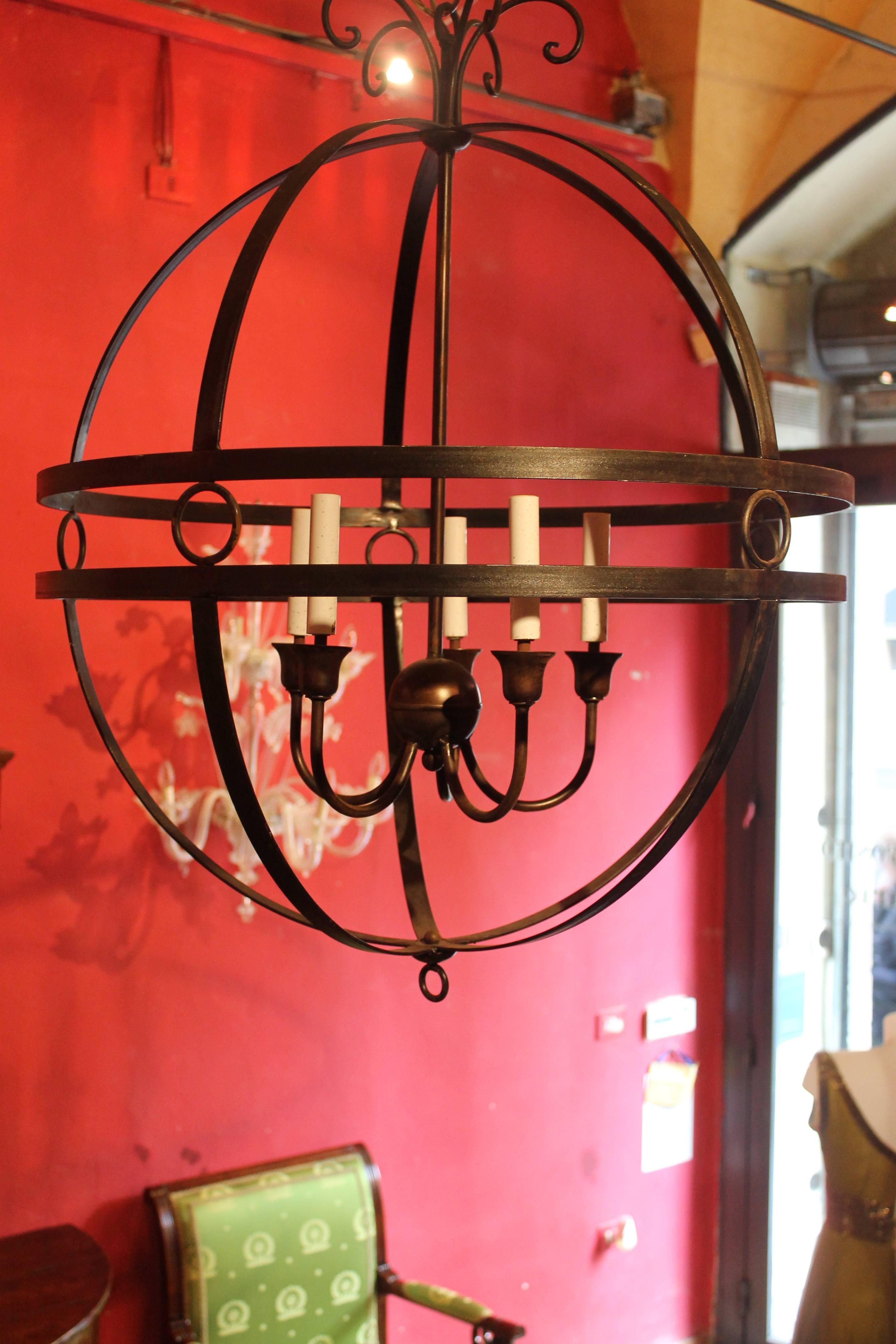 Pair of Italian 20th Century Hand-Wrought Iron Sphere Five Lights Chandelier 3