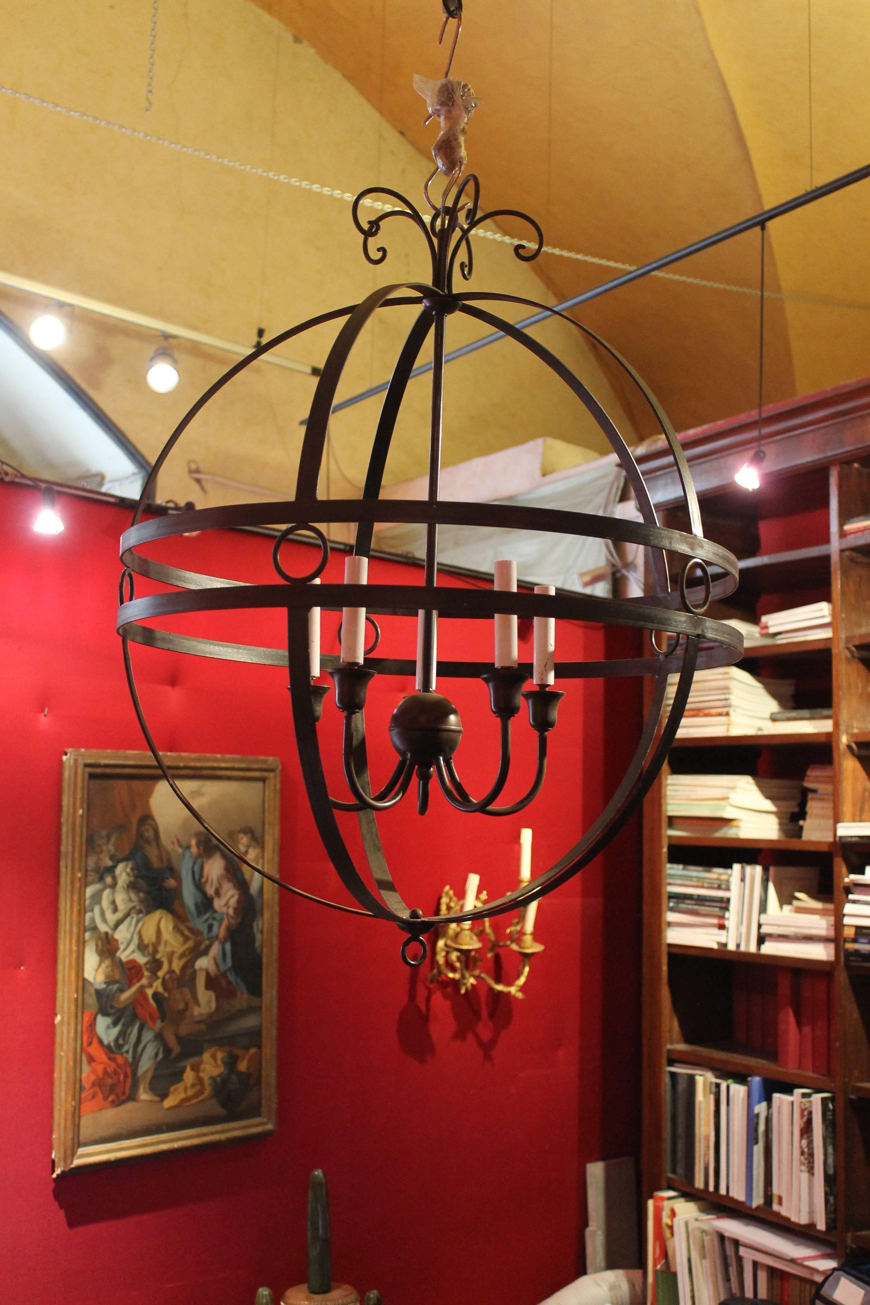 Pair of Italian 20th Century Hand-Wrought Iron Sphere Five Lights Chandelier 4