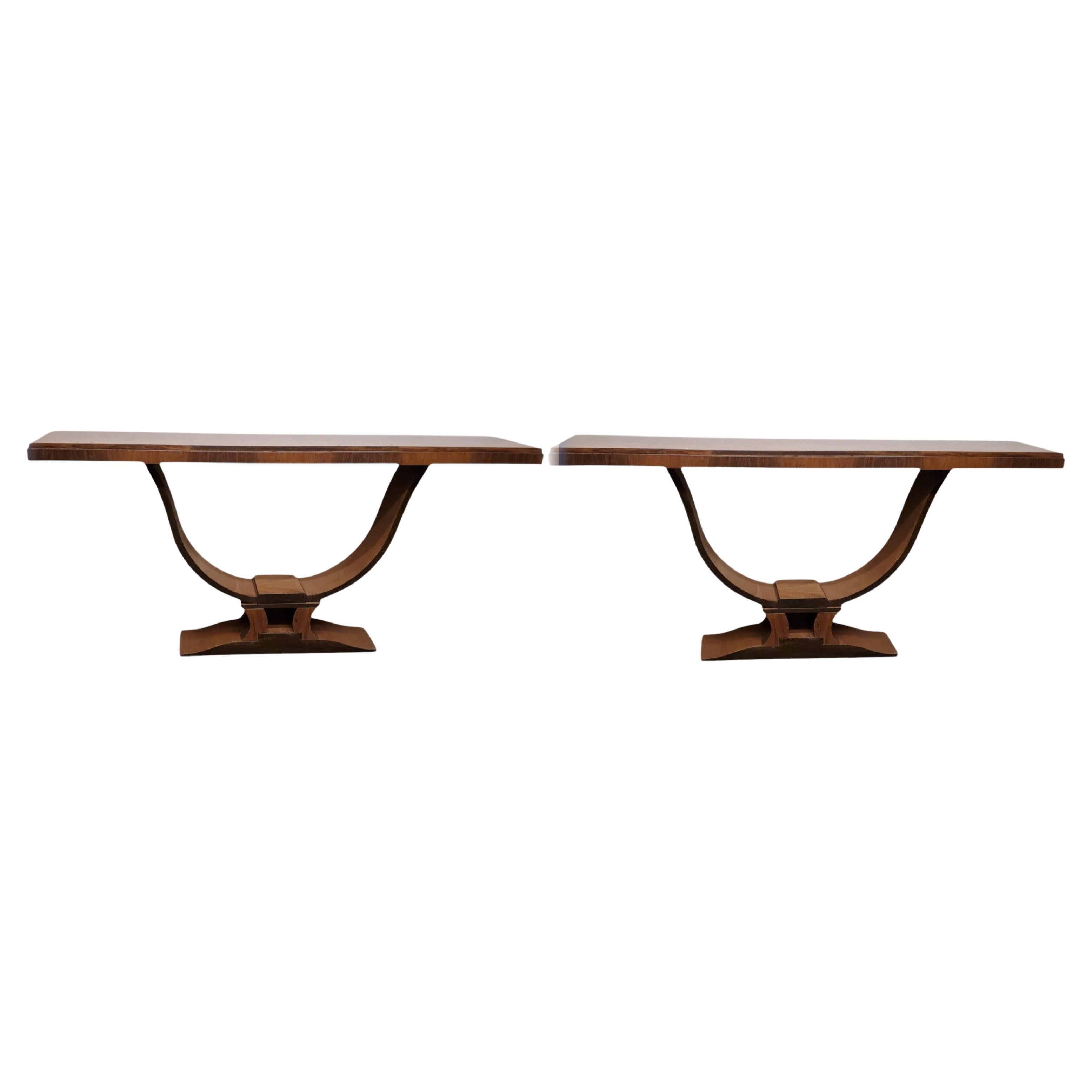 A pair or one large/ long French At Deco "U" shaped walnut console w/ brass trim For Sale