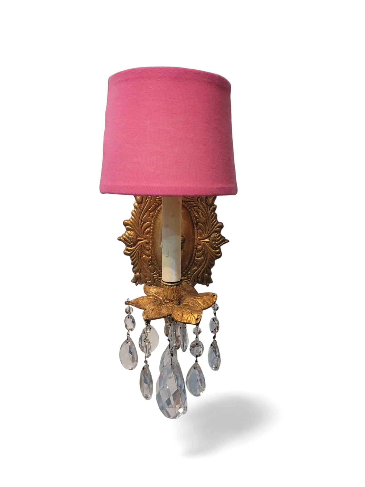American A Pair Pink Shade Palm Beach Regency Style Wall Sconces For Sale