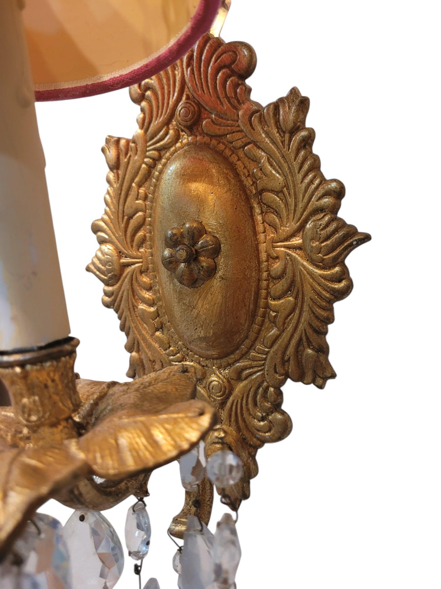 A Pair Pink Shade Palm Beach Regency Style Wall Sconces In Good Condition For Sale In North Palm Beach, FL
