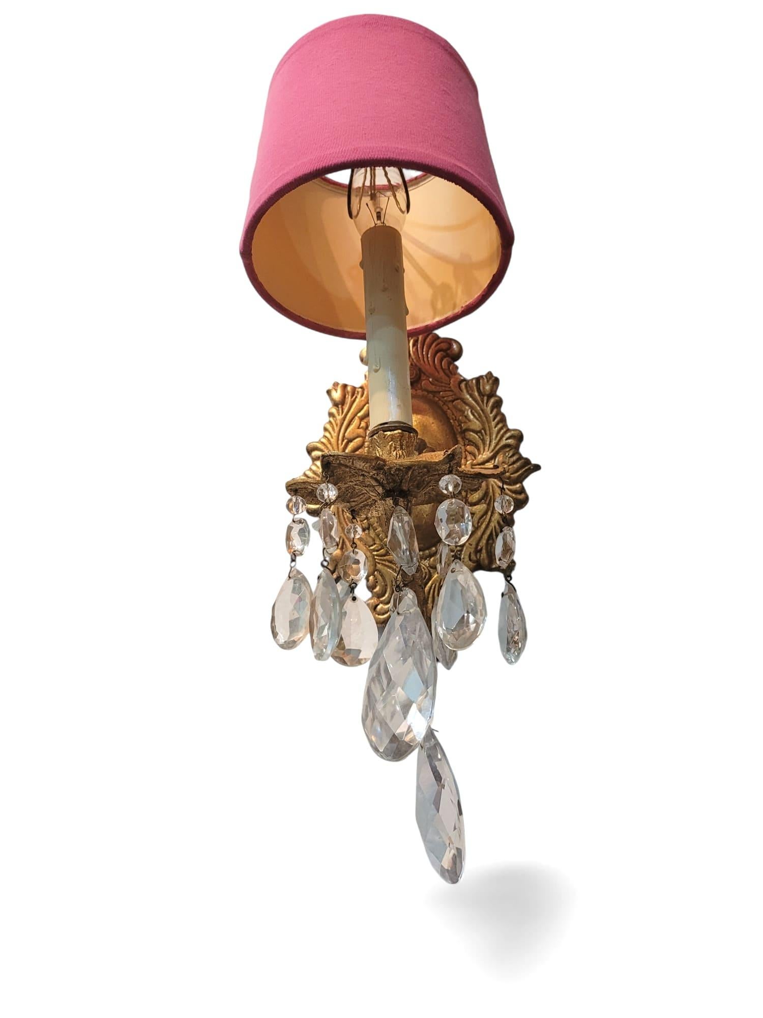 Metal A Pair Pink Shade Palm Beach Regency Style Wall Sconces For Sale