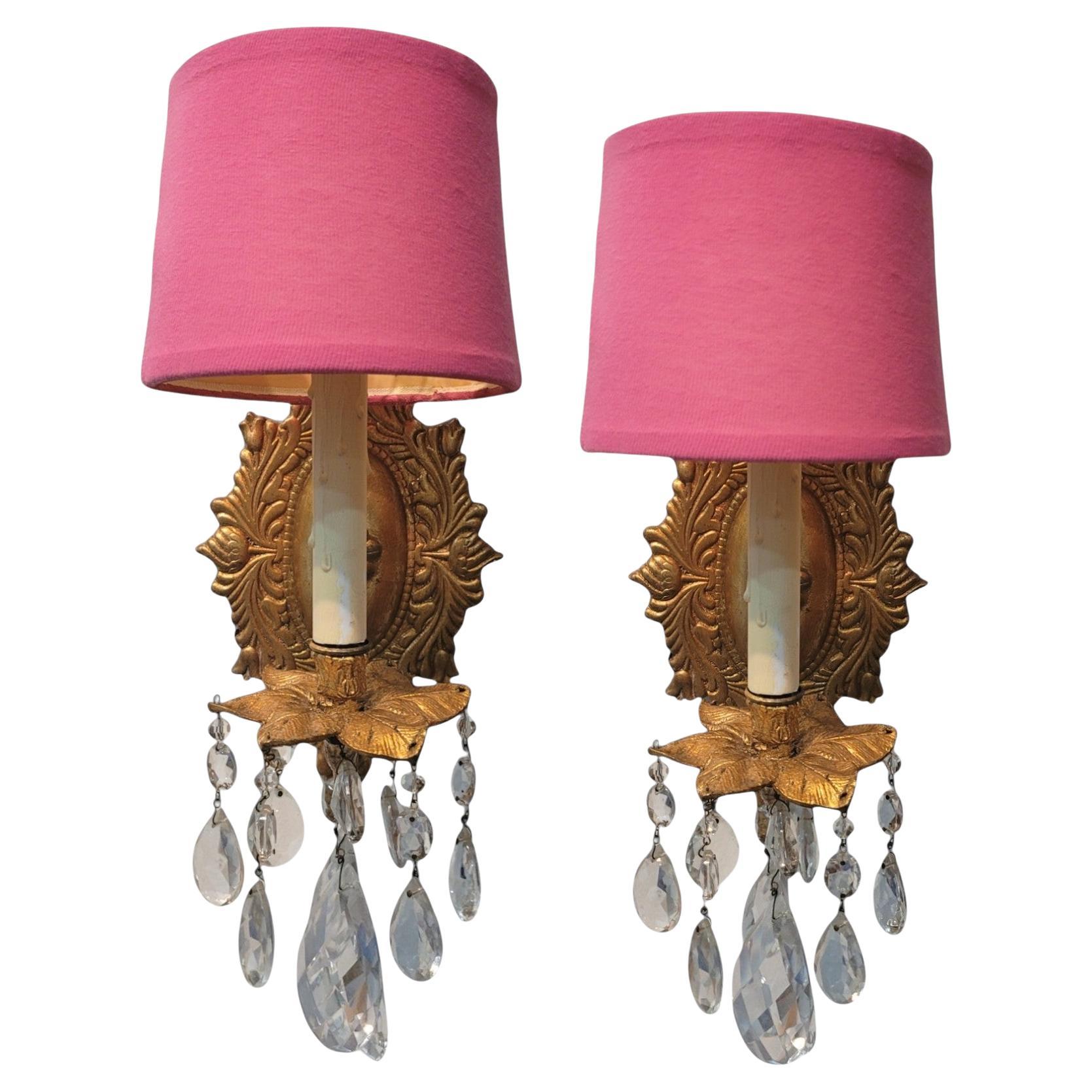 A Pair Pink Shade Palm Beach Regency Style Wall Sconces For Sale