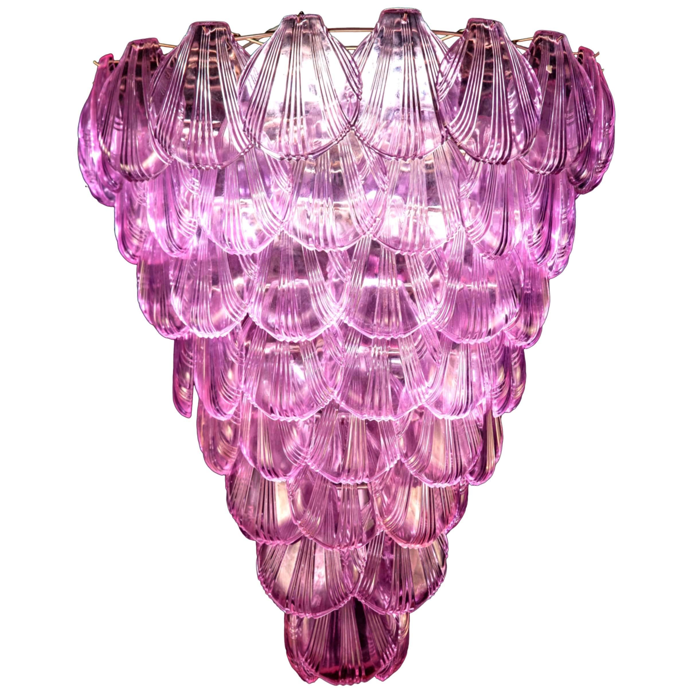 Fabulous eight tier Italian Murano glass chandelier with a Cascade of pink shells giving an extraordinary light effect. 
Available also a pair.
     