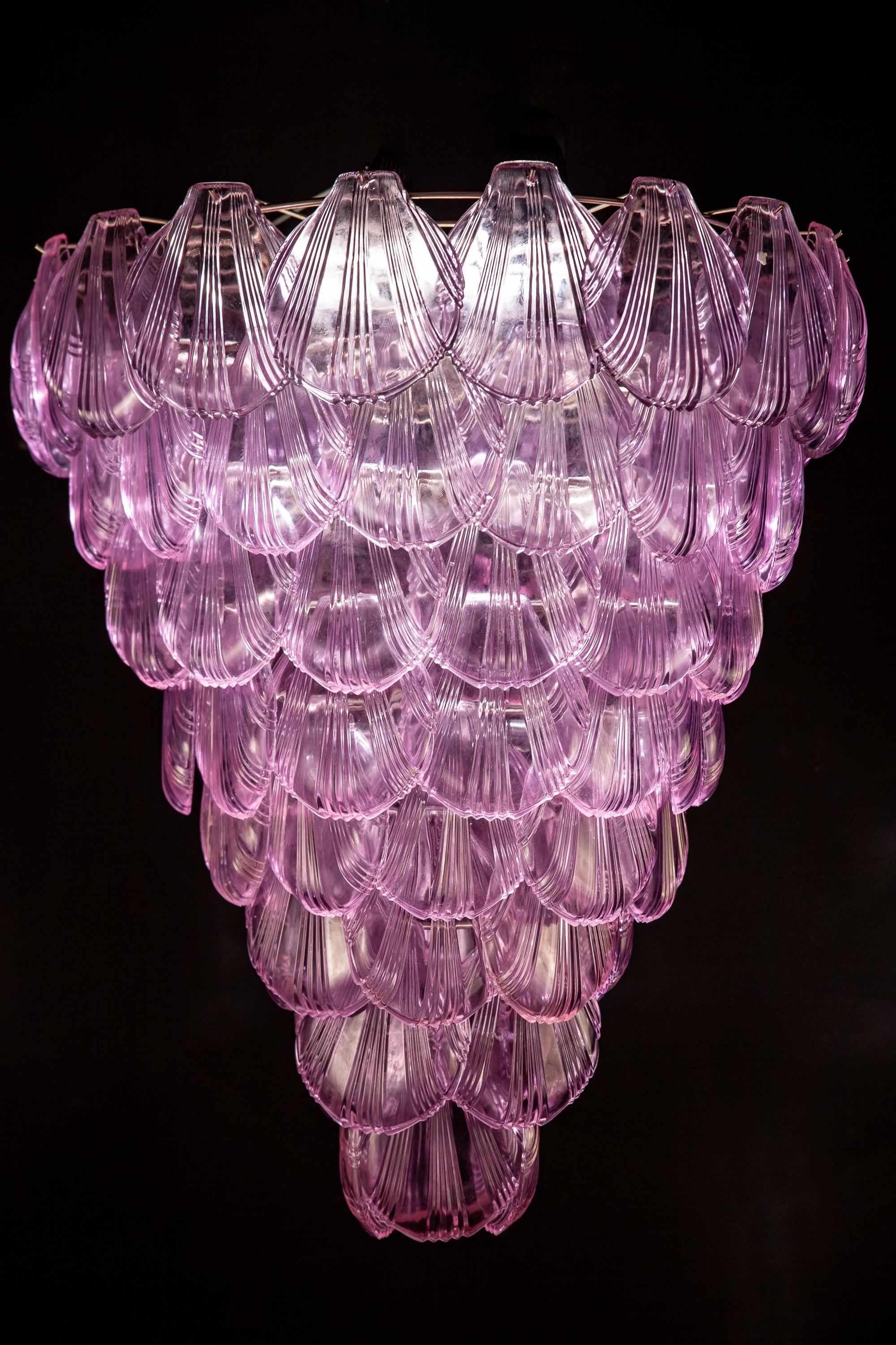 Italian Pair of Pink Shell Murano Glass Huge Chandelier, 1980 For Sale