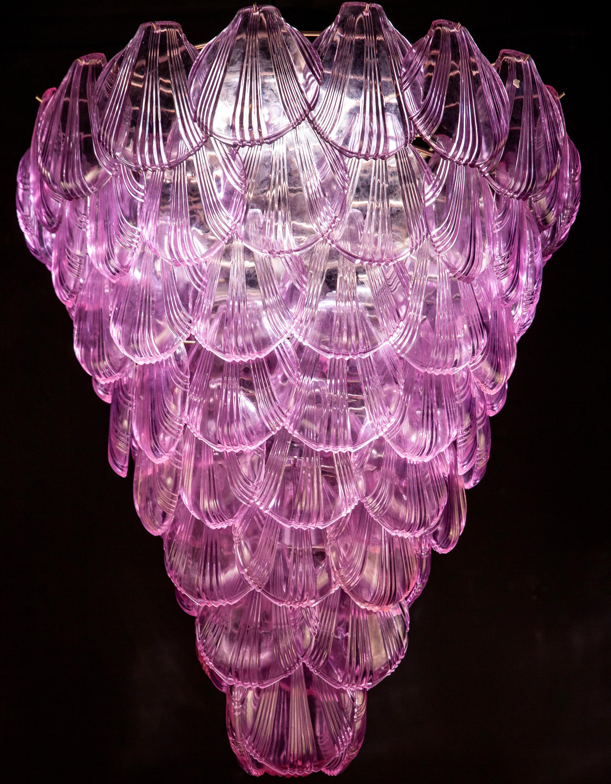 20th Century Pair of Pink Shell Murano Glass Huge Chandelier, 1980 For Sale