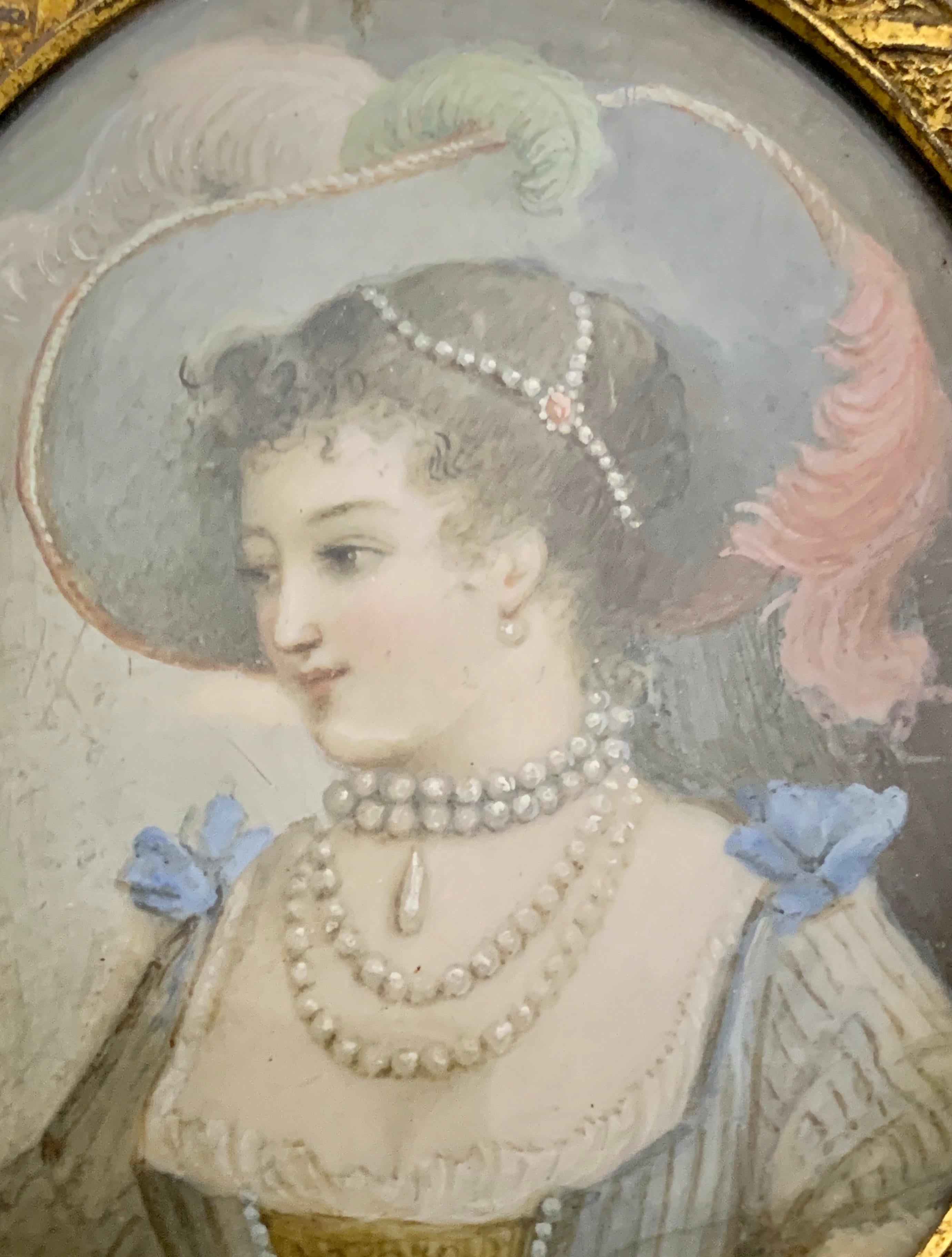 Bronze Paire de peintures miniatures de portraits, Jeune femme signé J.B. Royby en vente