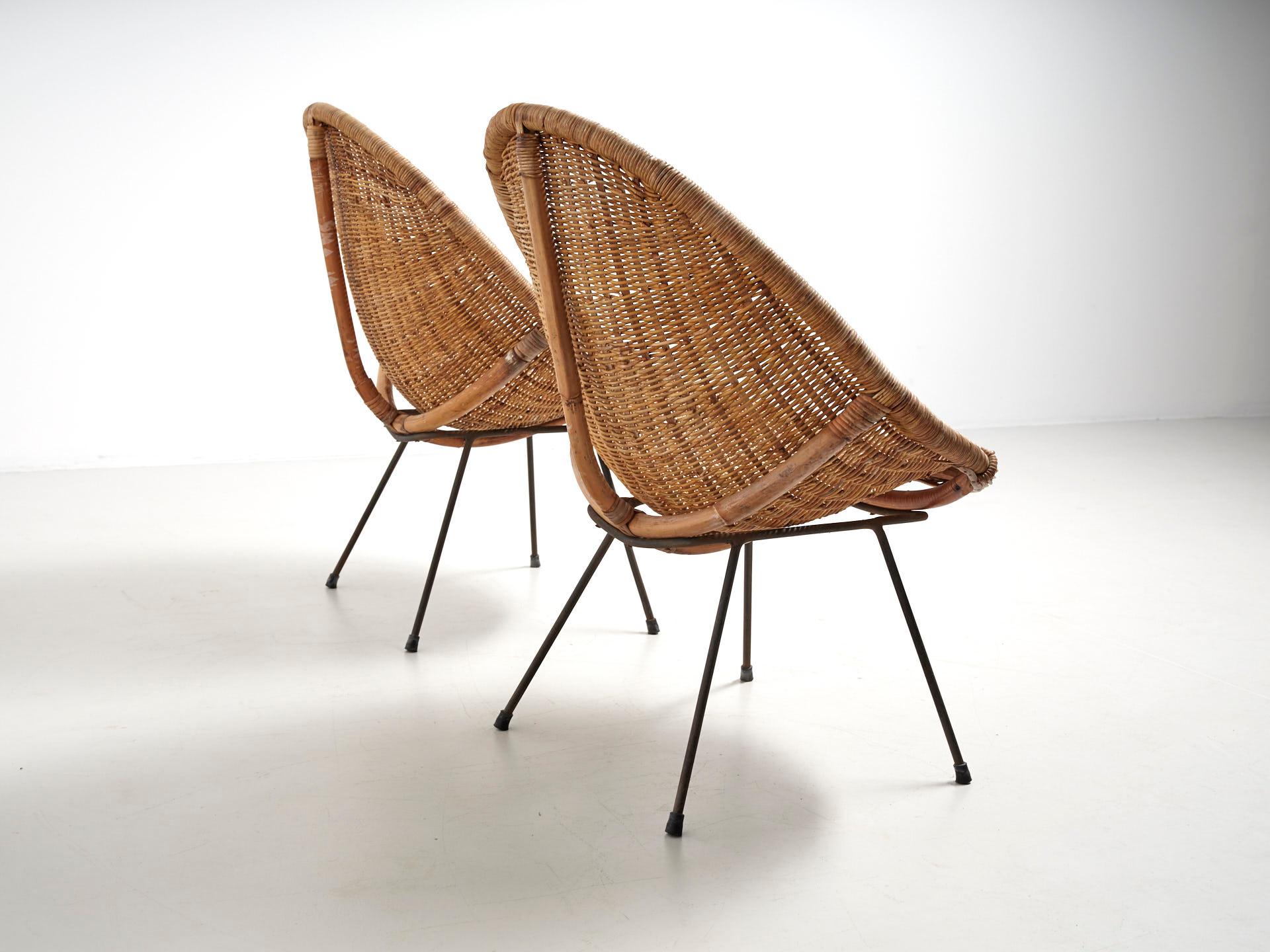 Mid-20th Century Pair Rattan 'Basket' Easy Chairs