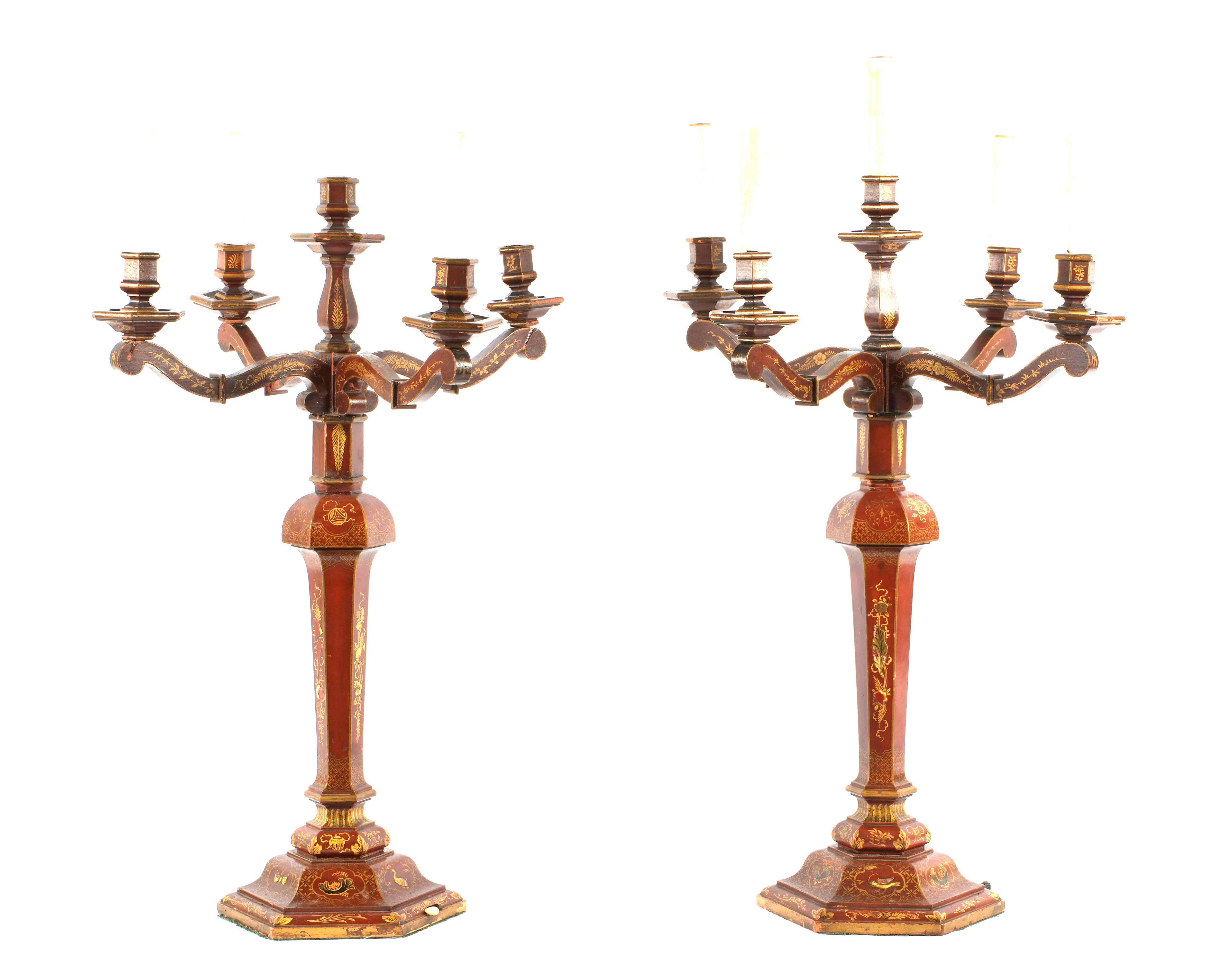 A Pair Red Gilt Chinoiserie Candelabra Table Lamps For Sale 3