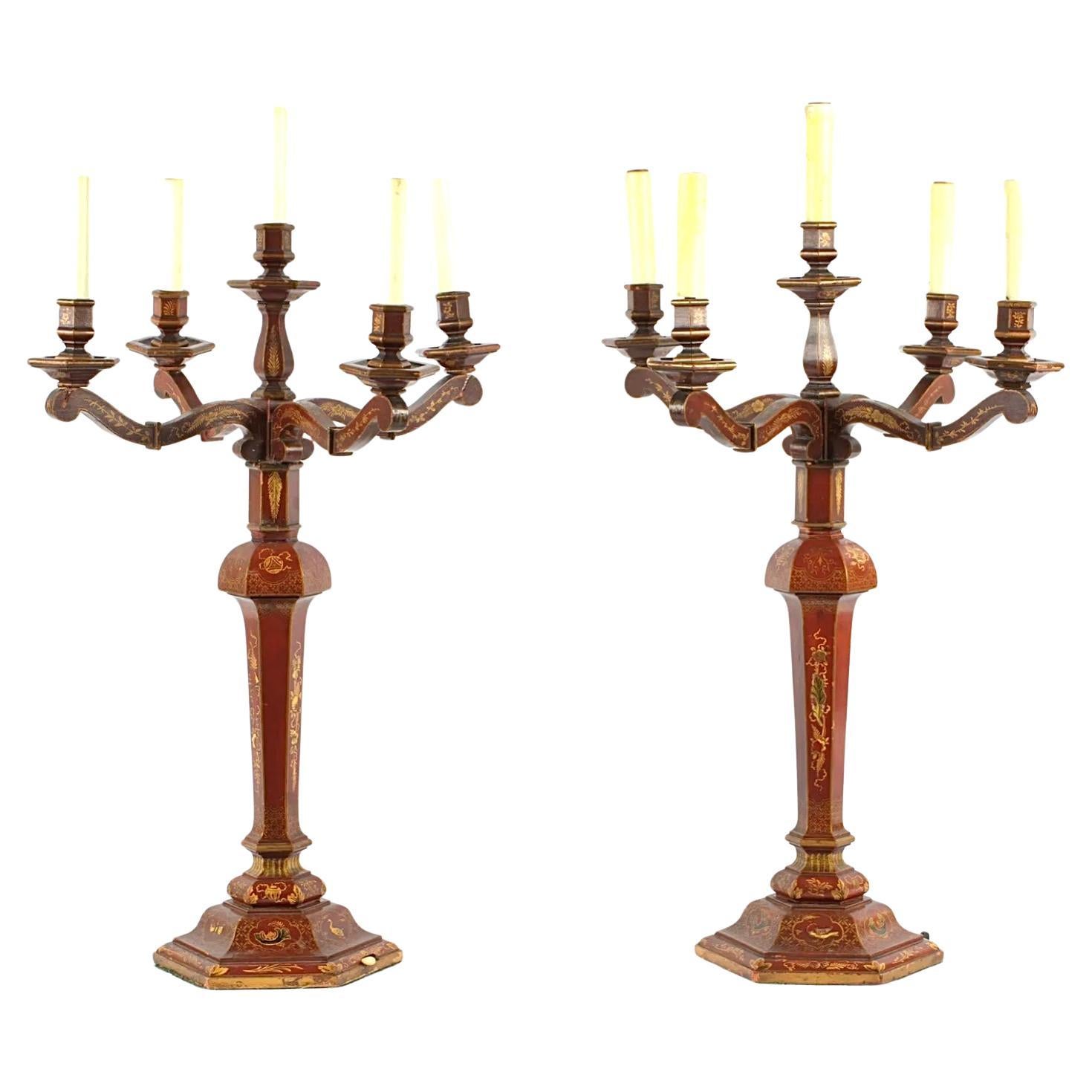 American A Pair Red Gilt Chinoiserie Candelabra Table Lamps For Sale