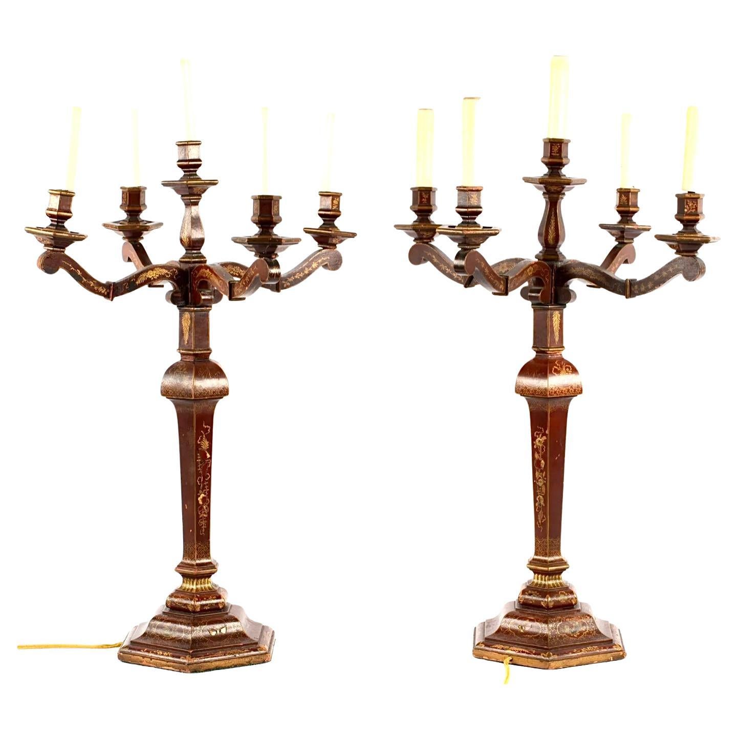 A Pair Red Gilt Chinoiserie Candelabra Table Lamps For Sale 1