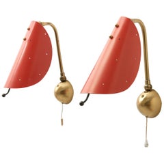 Pair Red Wall Lamps in Brass, 1950s