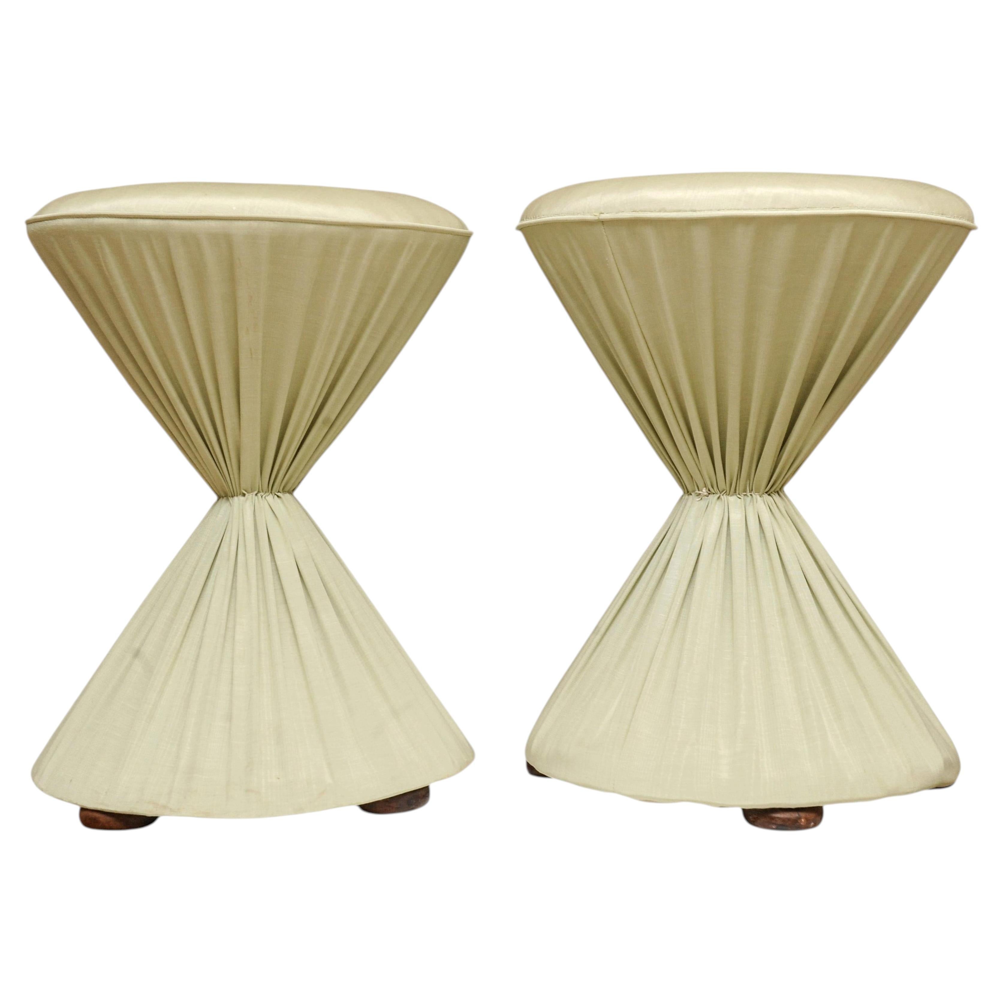 A Pair Regency Pale Sage Green Silk Hourglass Tabouret Stools For Sale