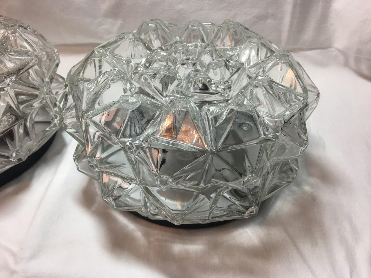 Pair of Round 1960s Geometric Glass Structure Flush Mount or Sconces In Good Condition For Sale In Frisco, TX