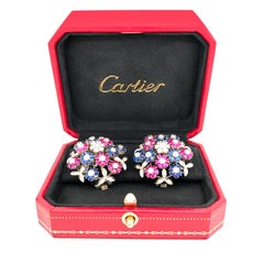 Pair Sapphire, Ruby and Diamond "En Tremblant" Earrings, Cartier