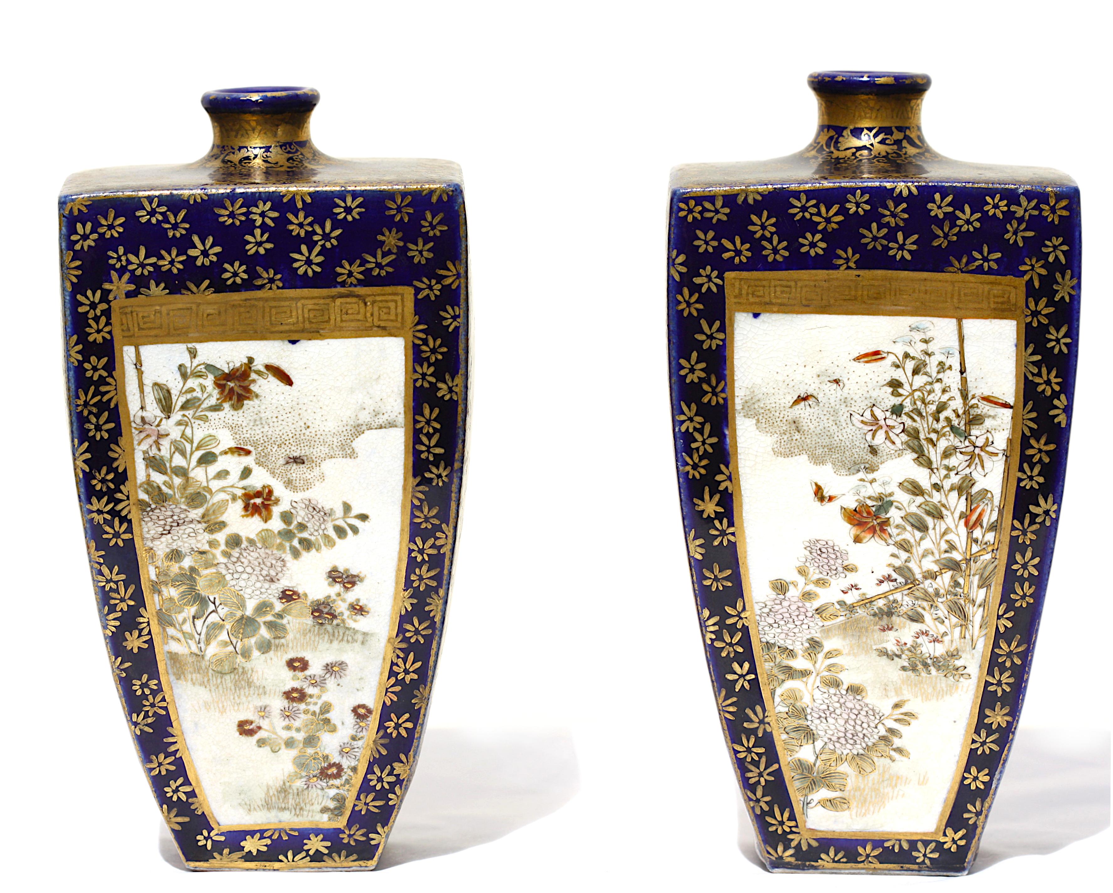 
A Pair Satsuma earthenware vases by Kinkozan, Meiji period
of square section, decorated with birds and flowers alternating with figures, all reserved on a midnight-blue ground with floral designs, each signed Kinkozan zo 
Height 12.7 cm., 5.5 in.
3