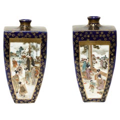 Vintage A Pair Satsuma earthenware vases by Kinkozan, Meiji period