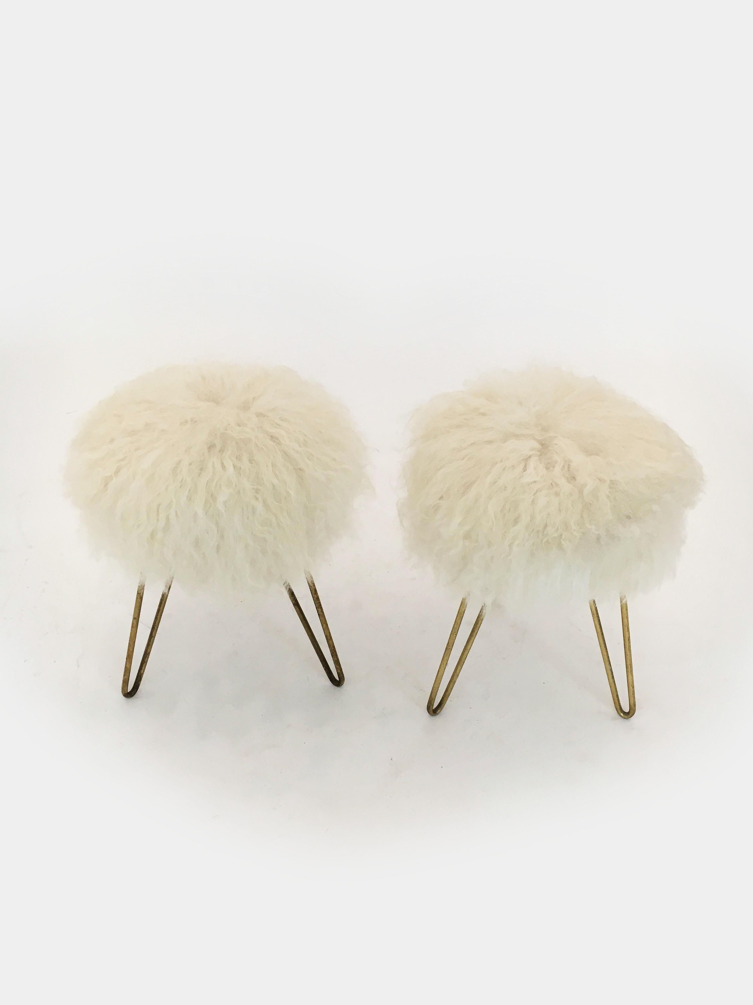 Pair of Sheep Fur Stools, France, 1950s For Sale 3