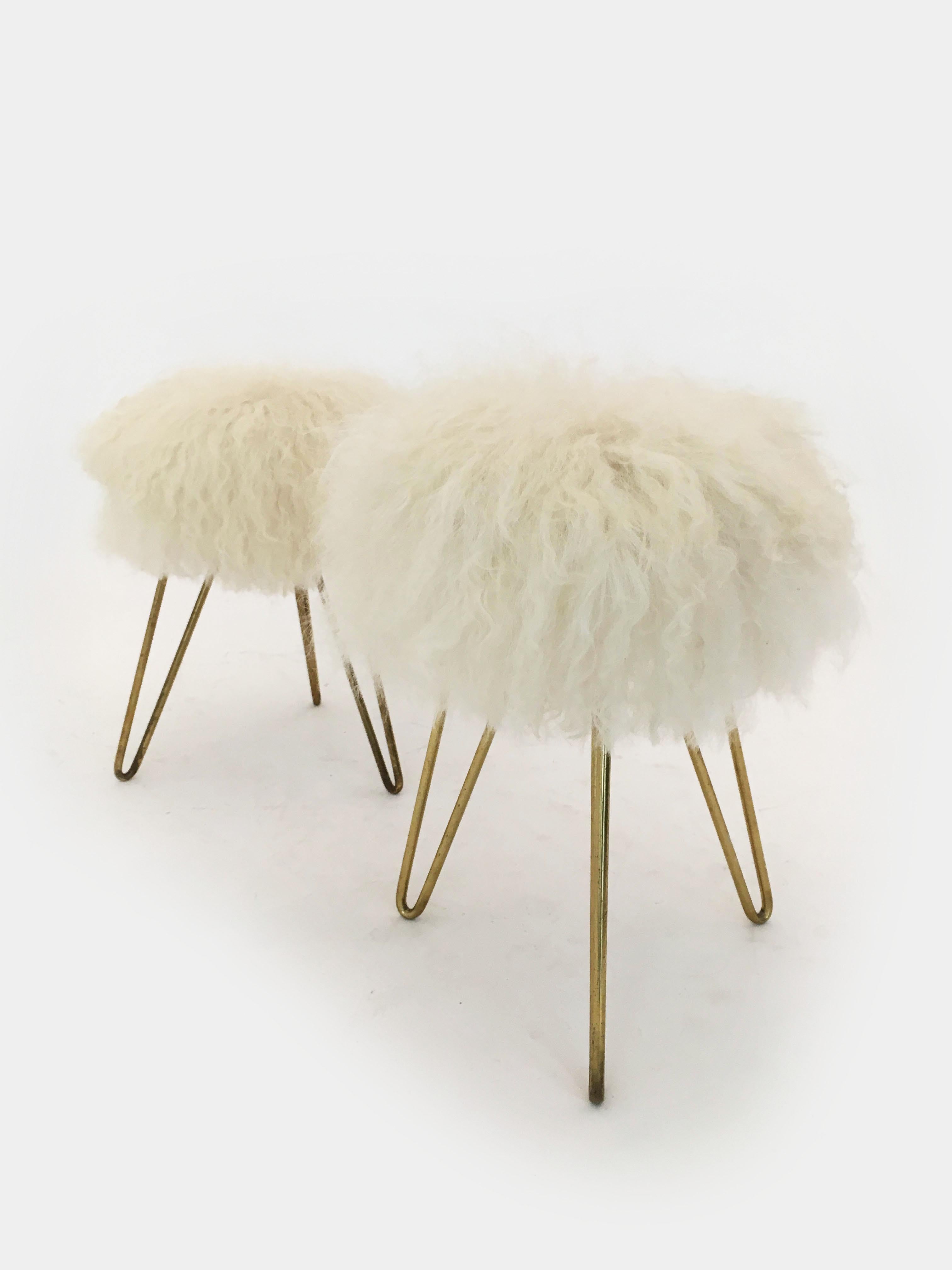 Pair of Sheep Fur Stools, France, 1950s For Sale 4