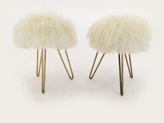 Pair of Sheep Fur Stools, France, 1950s
