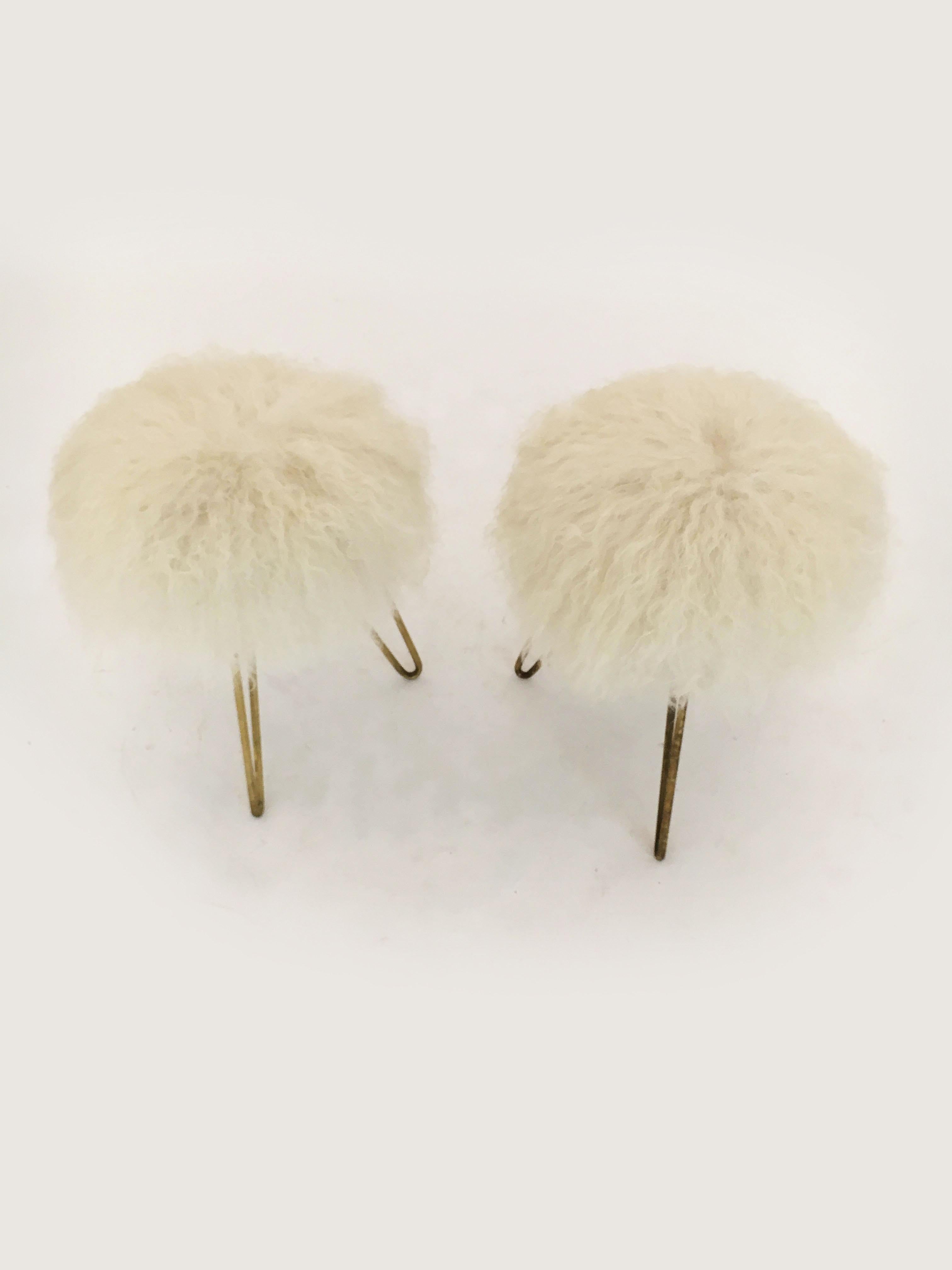 Mid-Century Modern Pair of Sheep Fur Stools, France, 1950s For Sale
