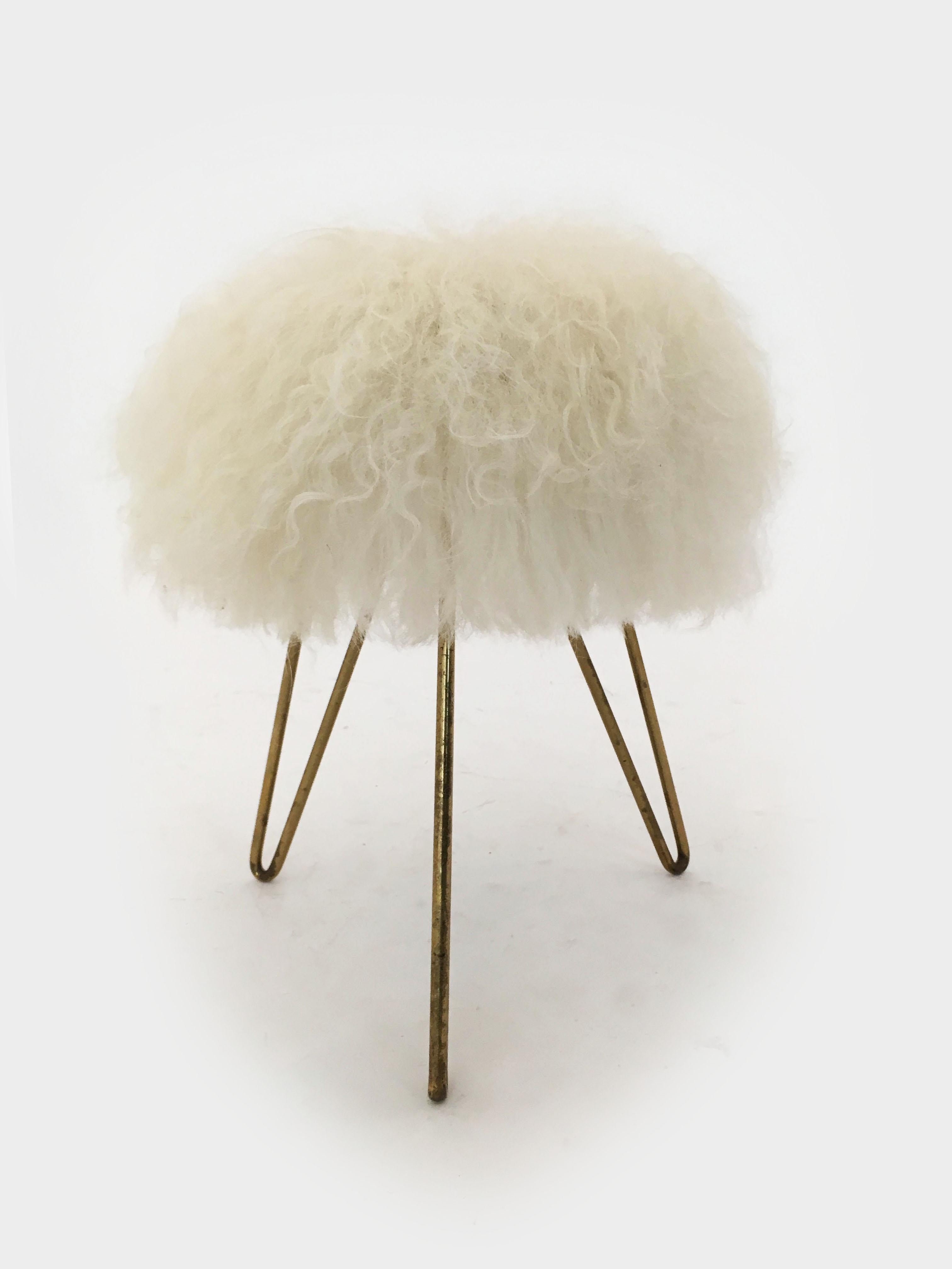 French Pair of Sheep Fur Stools, France, 1950s For Sale