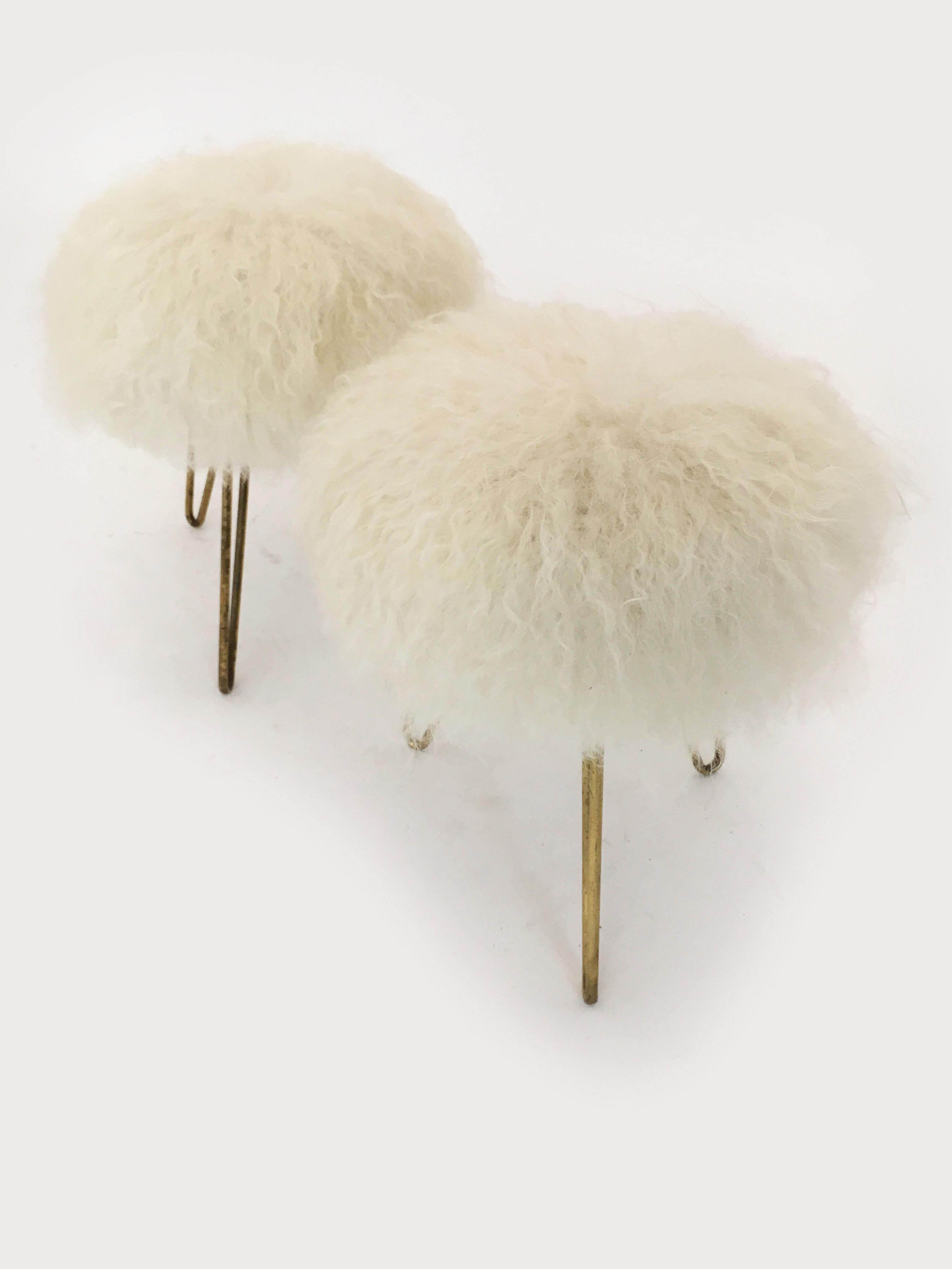 Brass Pair of Sheep Fur Stools, France, 1950s For Sale