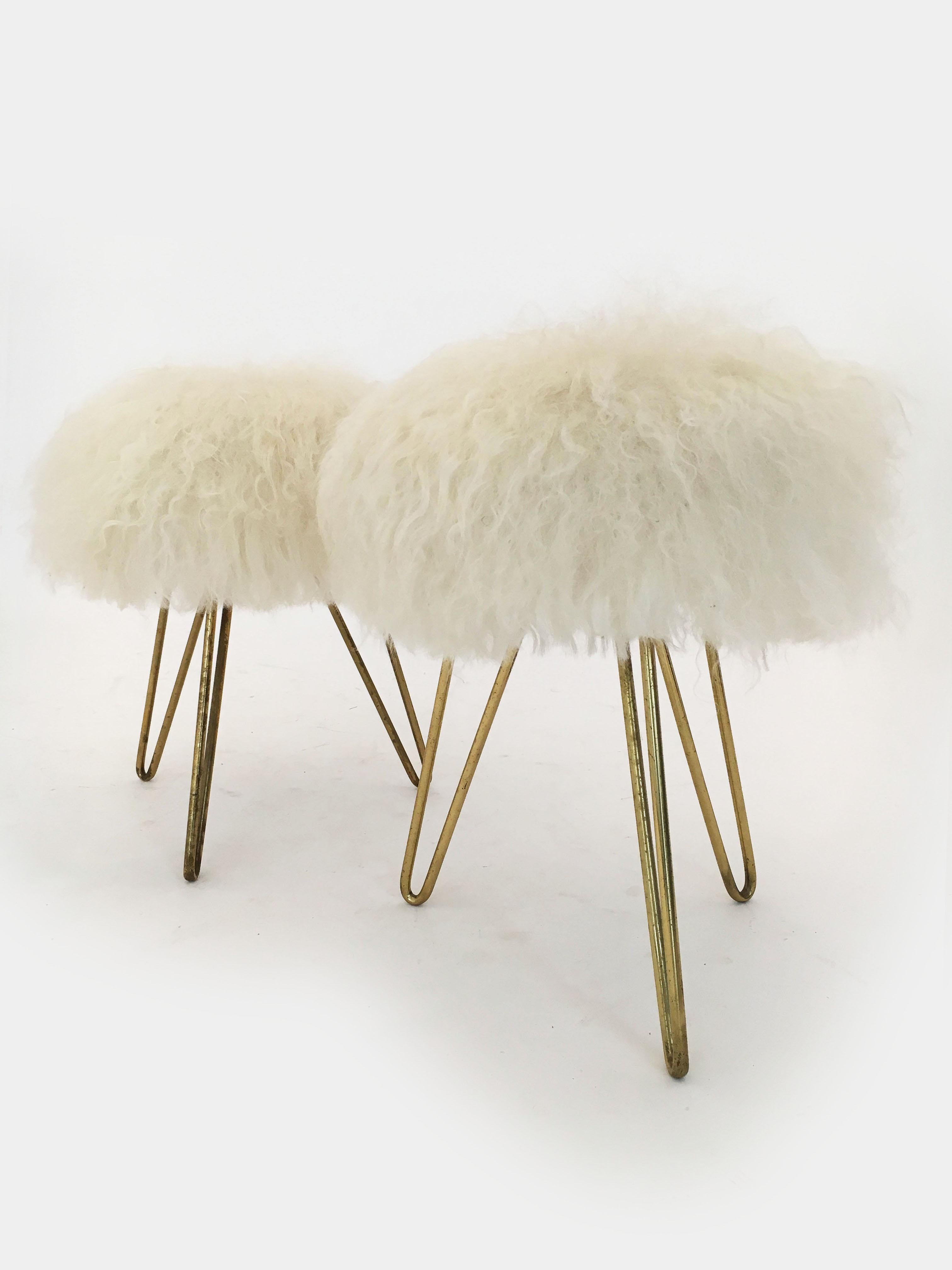 Pair of Sheep Fur Stools, France, 1950s For Sale 1