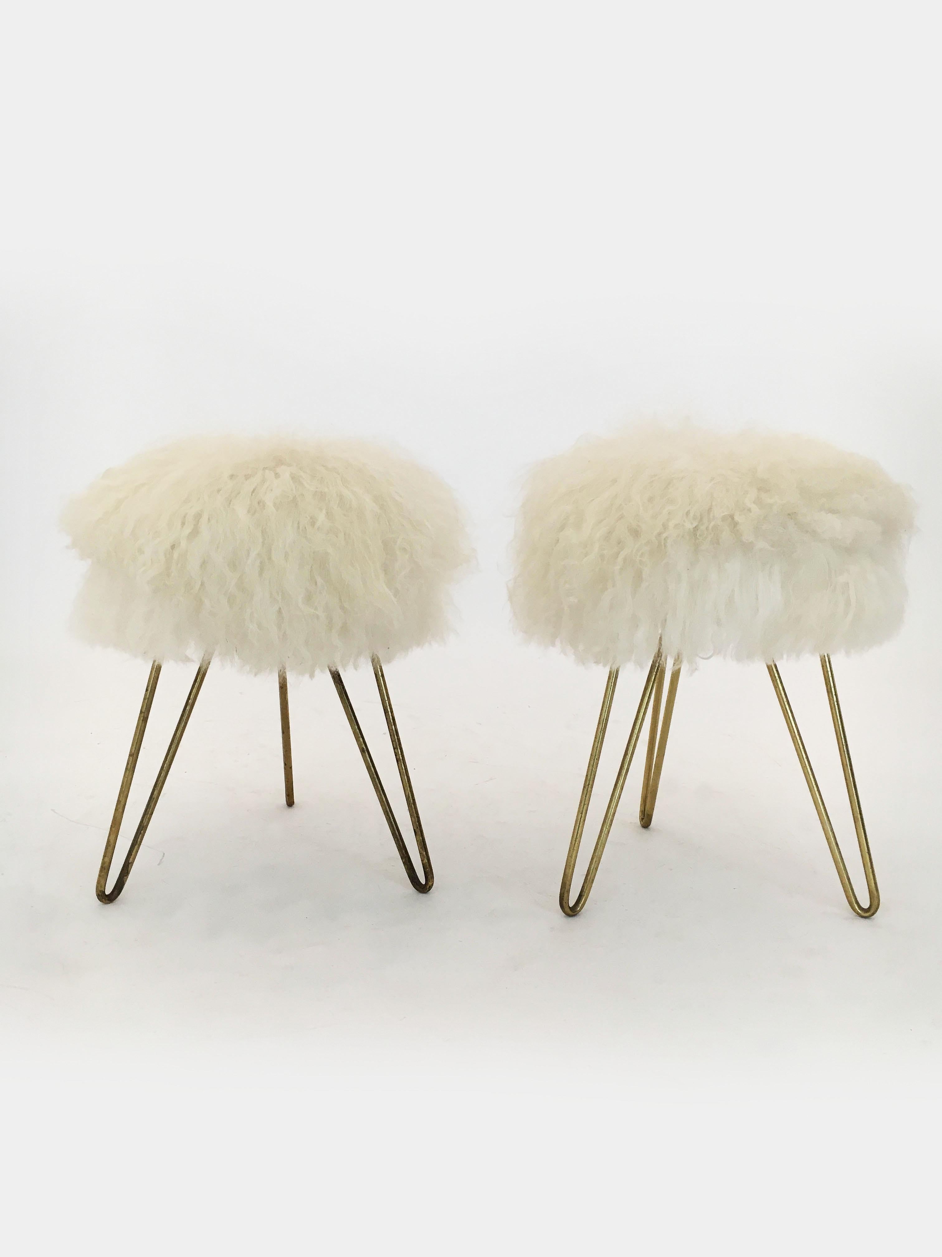 Pair of Sheep Fur Stools, France, 1950s For Sale 2