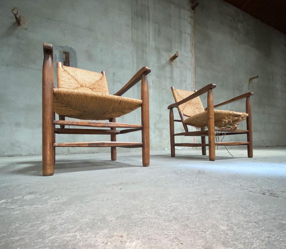 Mid-Century Modern Pair Solid Ashwood and Straw 