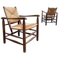 Pair Solid Ashwood and Straw "Bauche" Armchairs by Charlotte Perriand