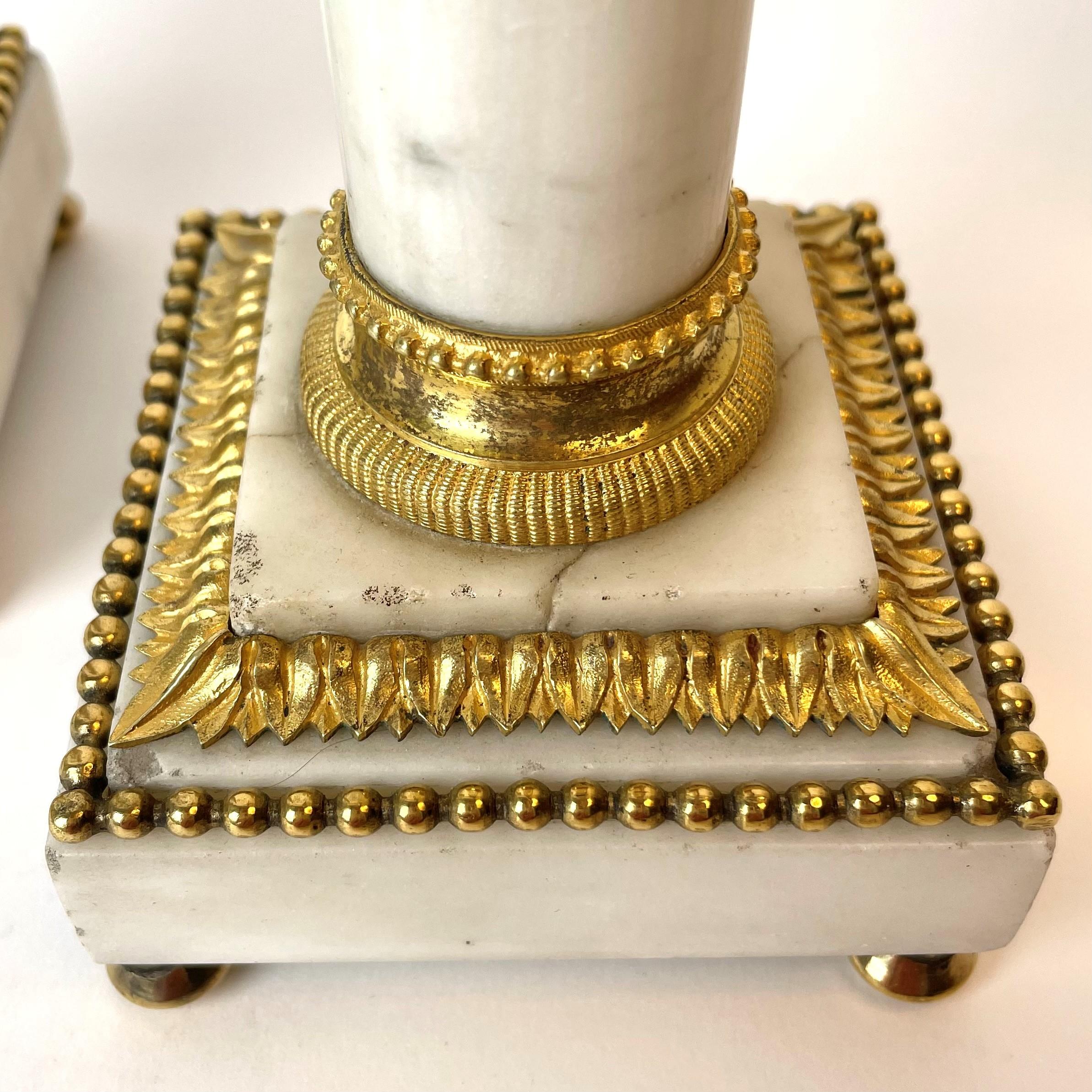 Pair Sophisticated Carrara Marble and Gilt Bronze Candlesticks from the 1780s For Sale 3