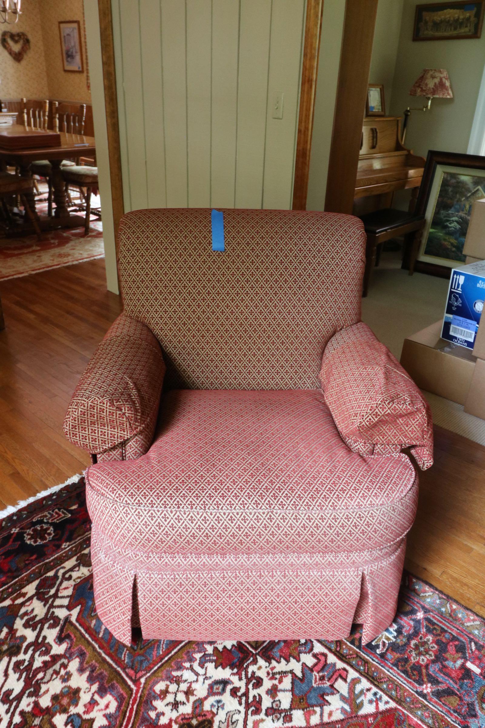 A pair of stunning Southwood Co. Upholstered club chairs chenille persimmon fabric. Down filled. A pair of stunning Schumacher Whittington chenille persimmon upholstered club chairs. Immaculately kept. Schumacher Whittington chenille persimmon