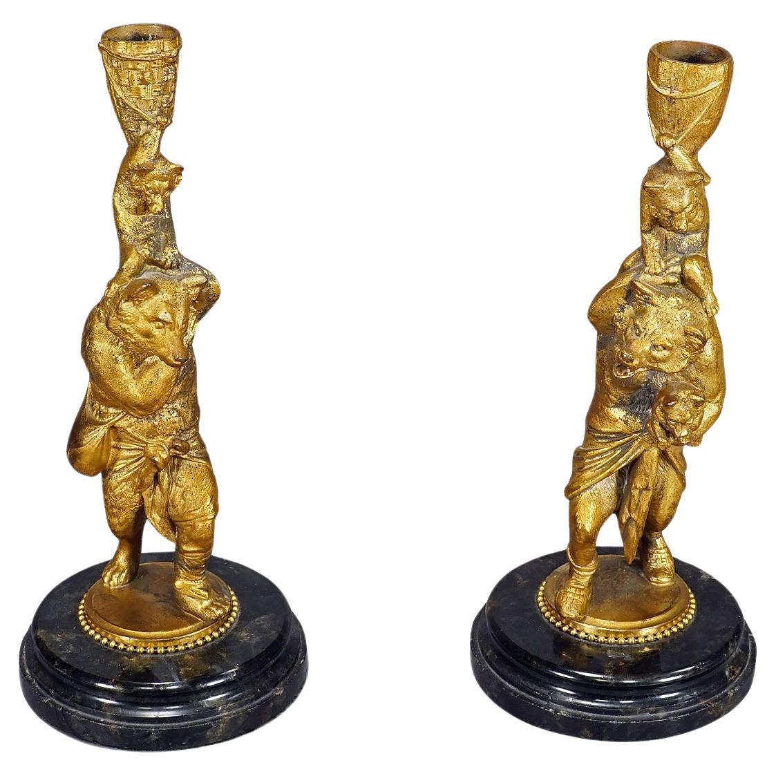A Pair Victorian Casted and Gilded Iron Candle Stick with Bears