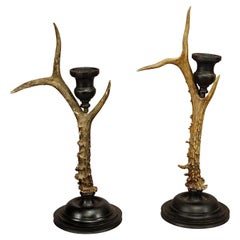 Pair Vintage Black Forest Candle Holders with Wooden Base and Spout, Germany C