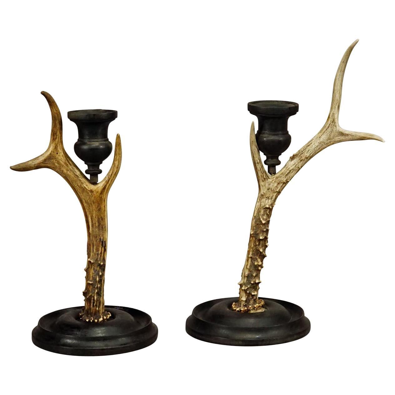 A Pair Vintage Black Forest Candle Holders with Wooden Base and Spout ca. 1930