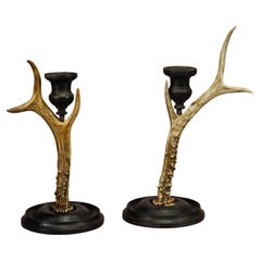 A Pair Vintage Black Forest Candle Holders with Wooden Base and Spout, Germany c