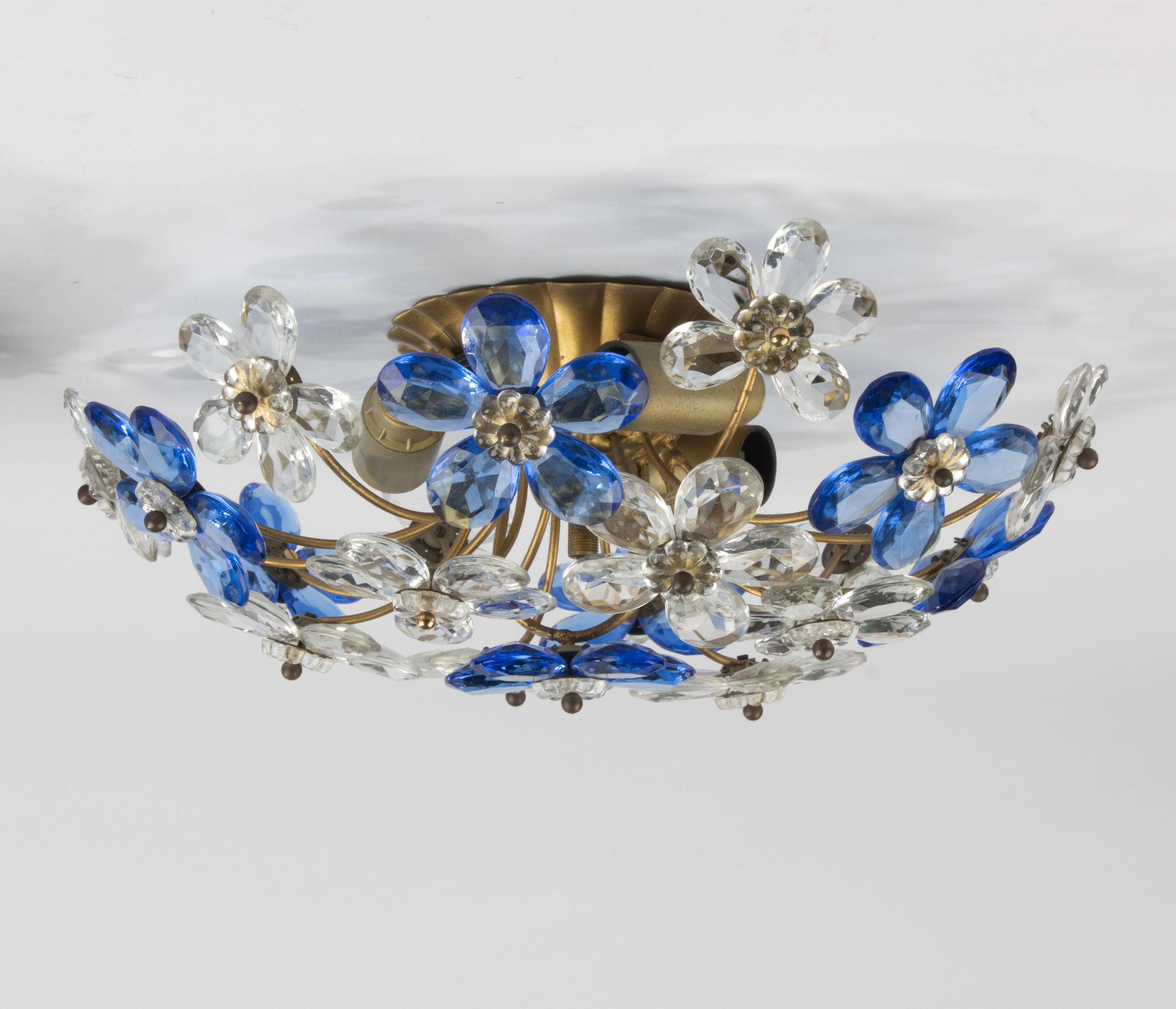 Ein Paar Vintage Crystal Flower Ceiling Lights - Italien - Blaues und klares Kristall 1