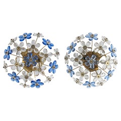 A Pair Vintage Crystal Flower Ceiling Lights - Italy - Blue and Clear Crystal