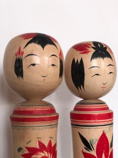 A Pair Vintage Folk Art Kokeshi Dolls Sakunami Style Signed Japan
